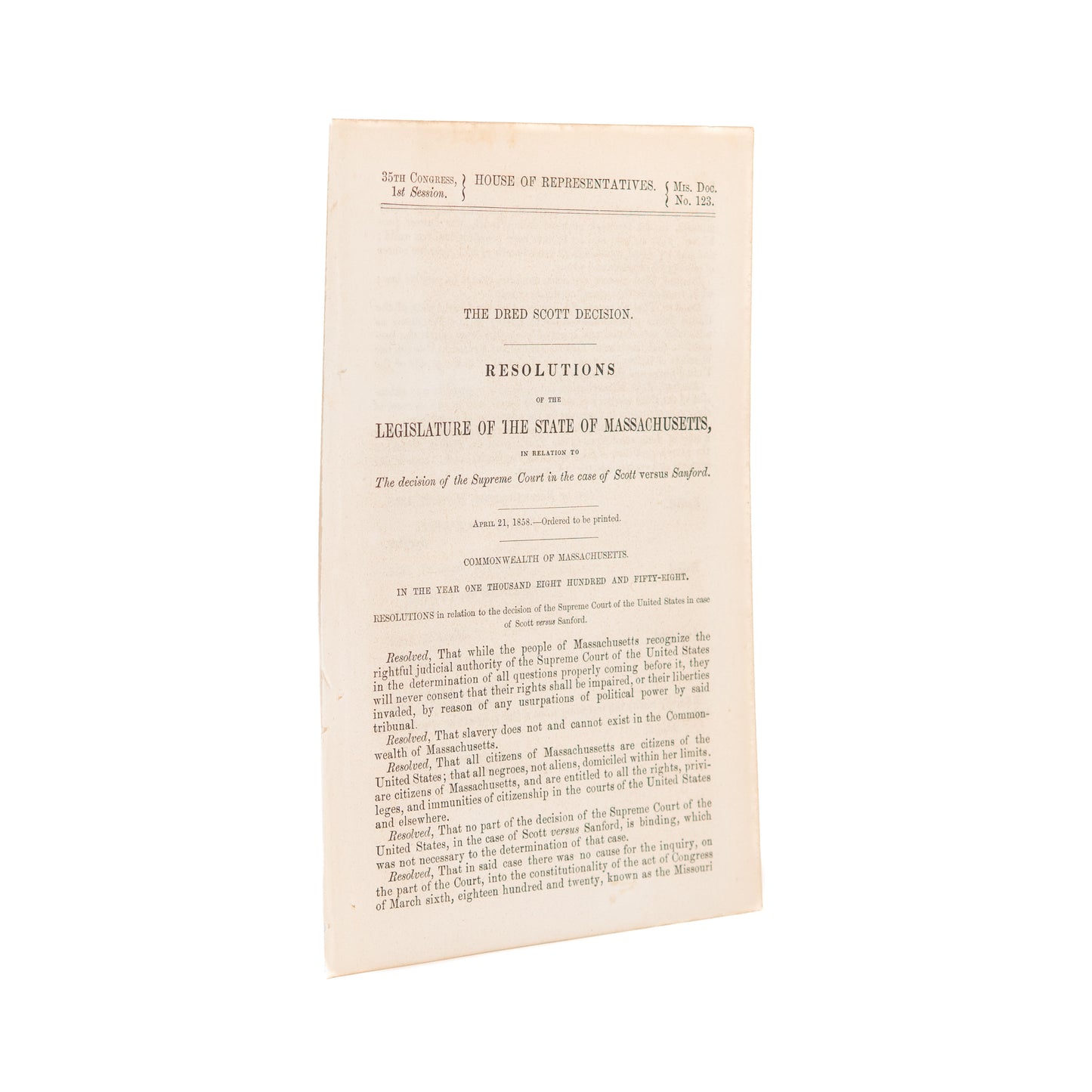 1858 DRED SCOTT. Massachusetts Gives "Hard Pass" to the Dred Scott Decision.