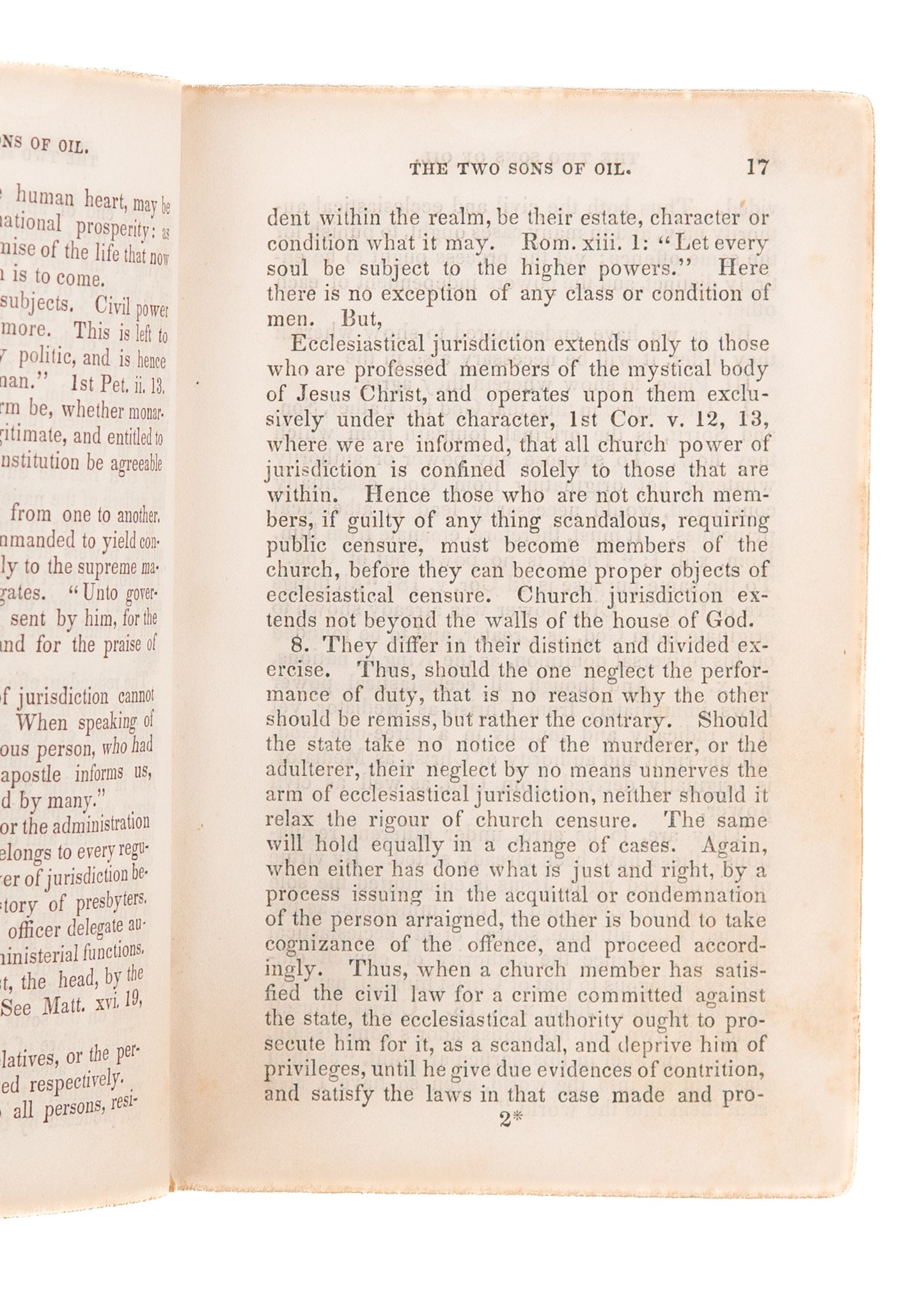 1850 SAMUEL B. WYLIE. The Two Sons of Oil. Refuting Thomas Jefferson & Separation of Church & State.