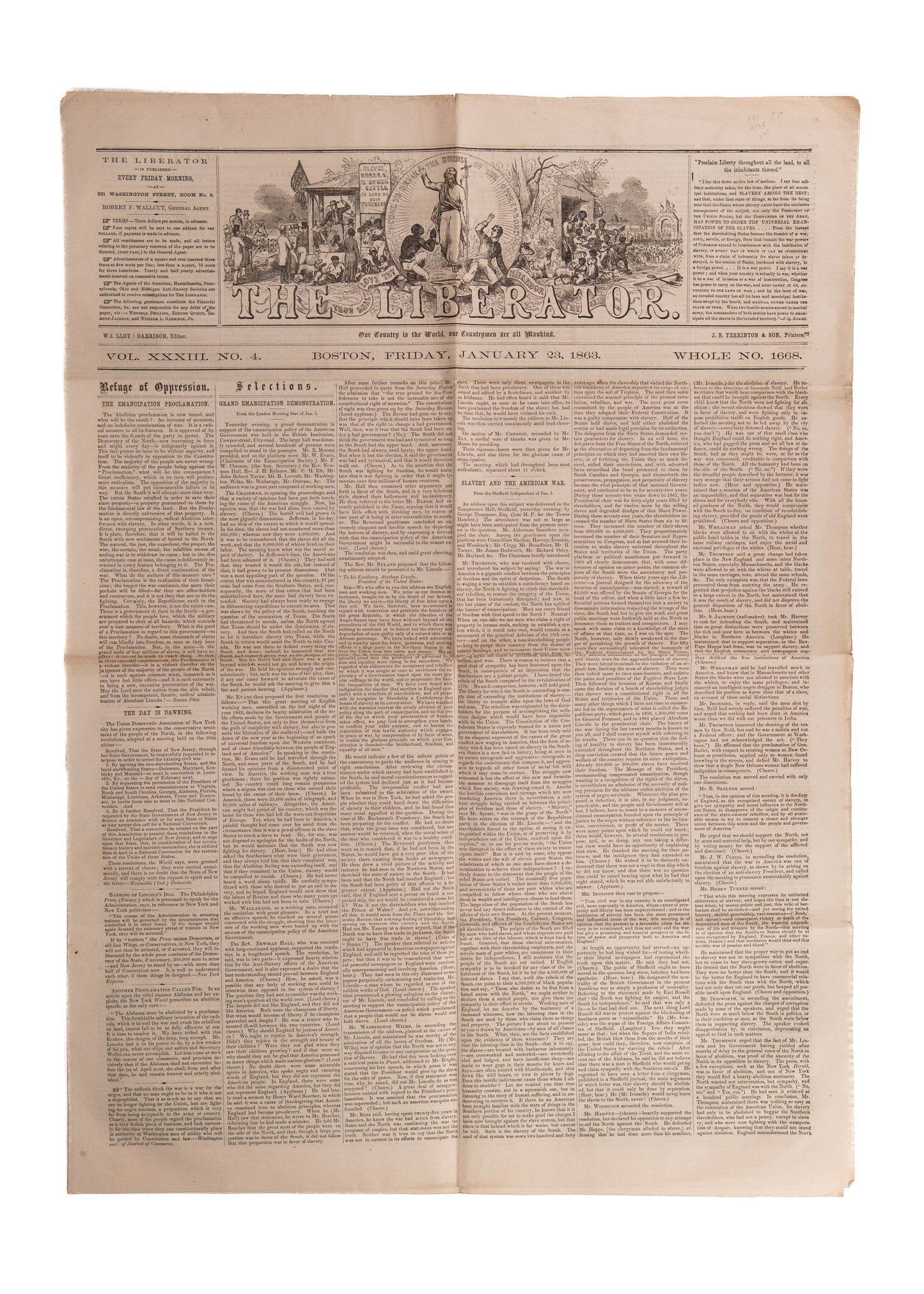 1863 EMANCIPATION PROCLAMATION. Rare Issue of The Liberator Dedicated to the Nation's Response.