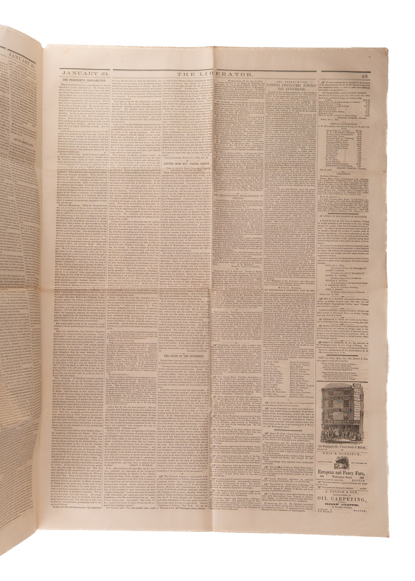 1863 EMANCIPATION PROCLAMATION. Rare Issue of The Liberator Dedicated to the Nation's Response.