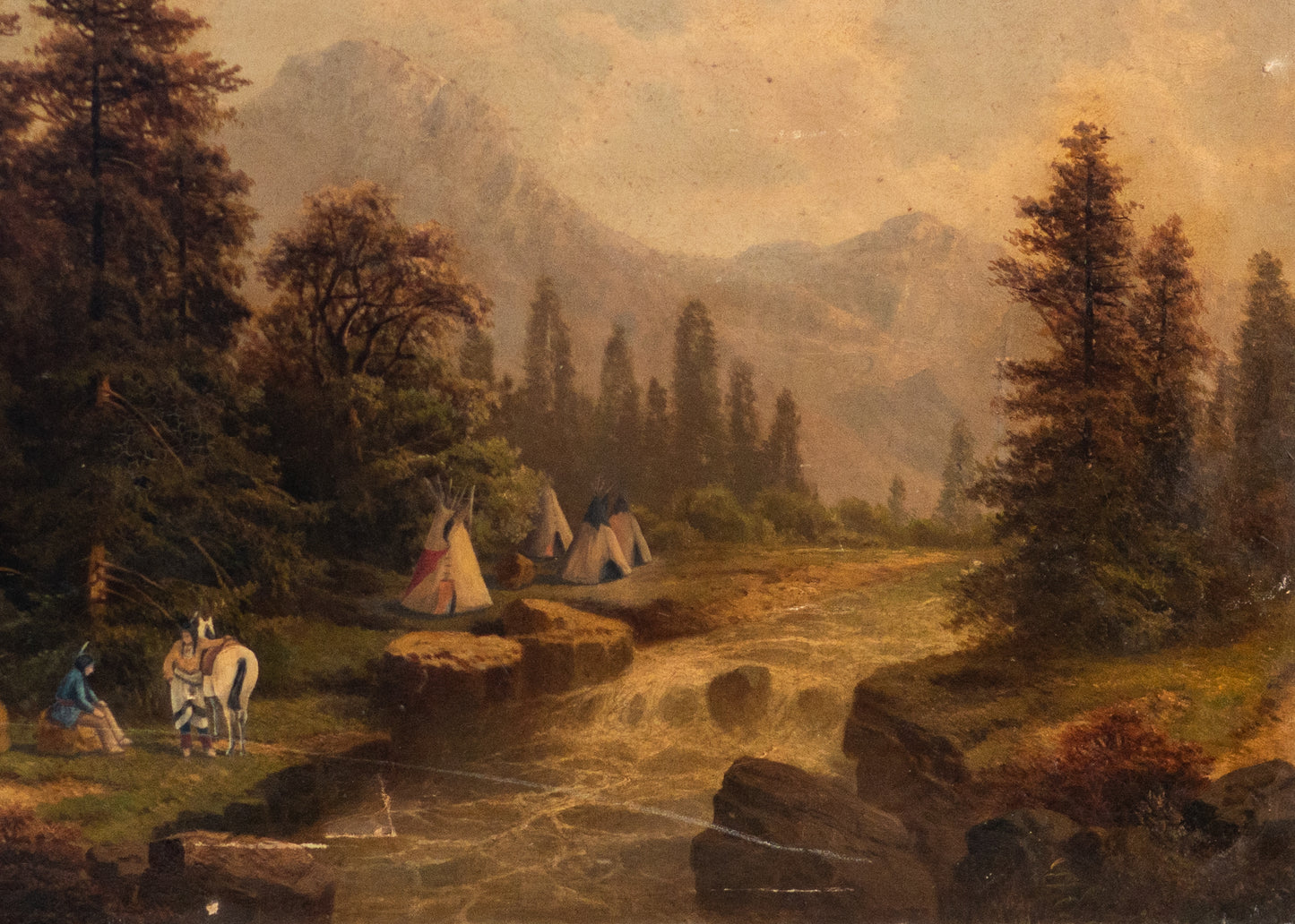 1880 HUDSON RIVER SCHOOL. Indian Encampment on the River - Painting for Restoration.