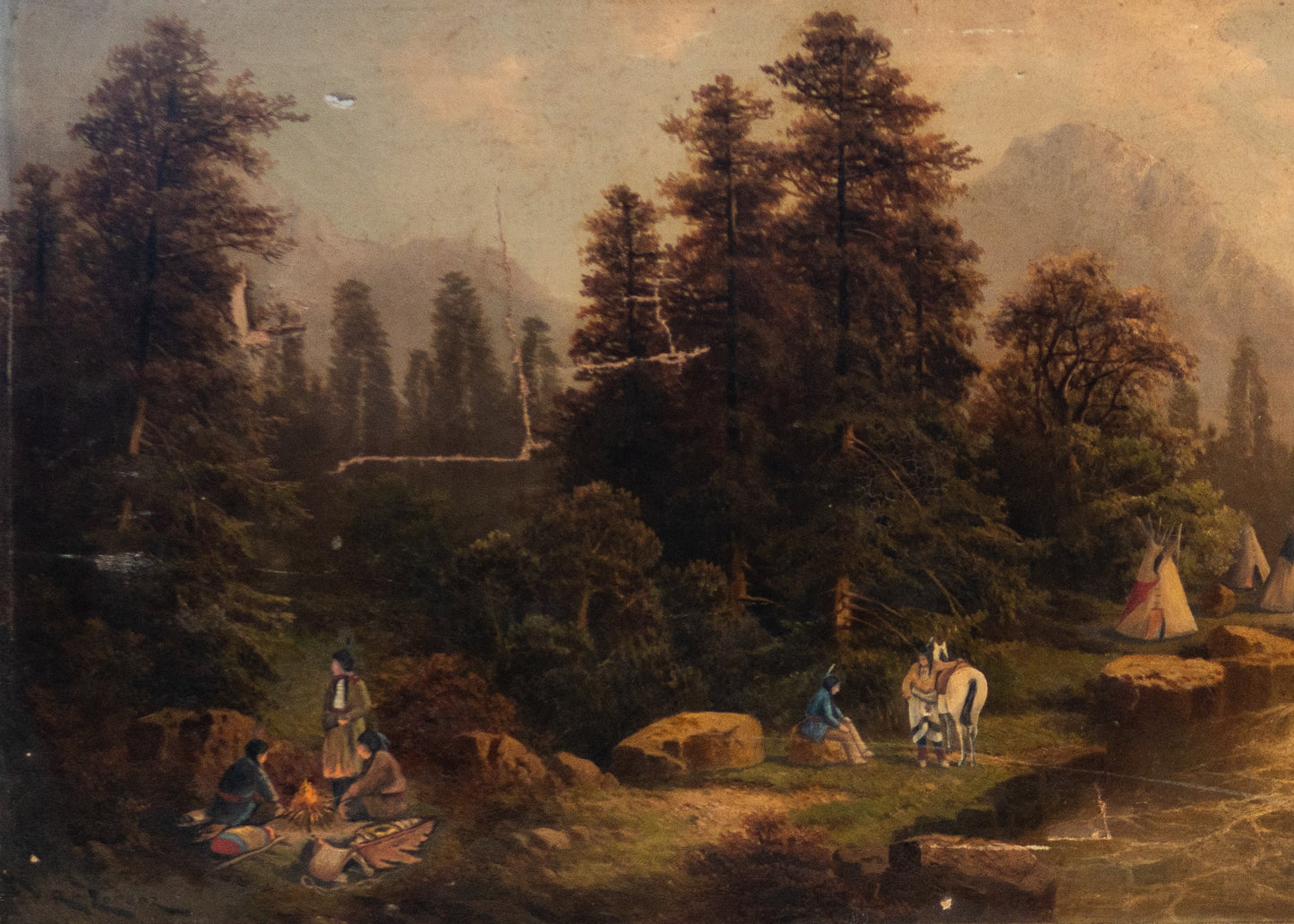 1880 HUDSON RIVER SCHOOL. Indian Encampment on the River - Painting for Restoration.