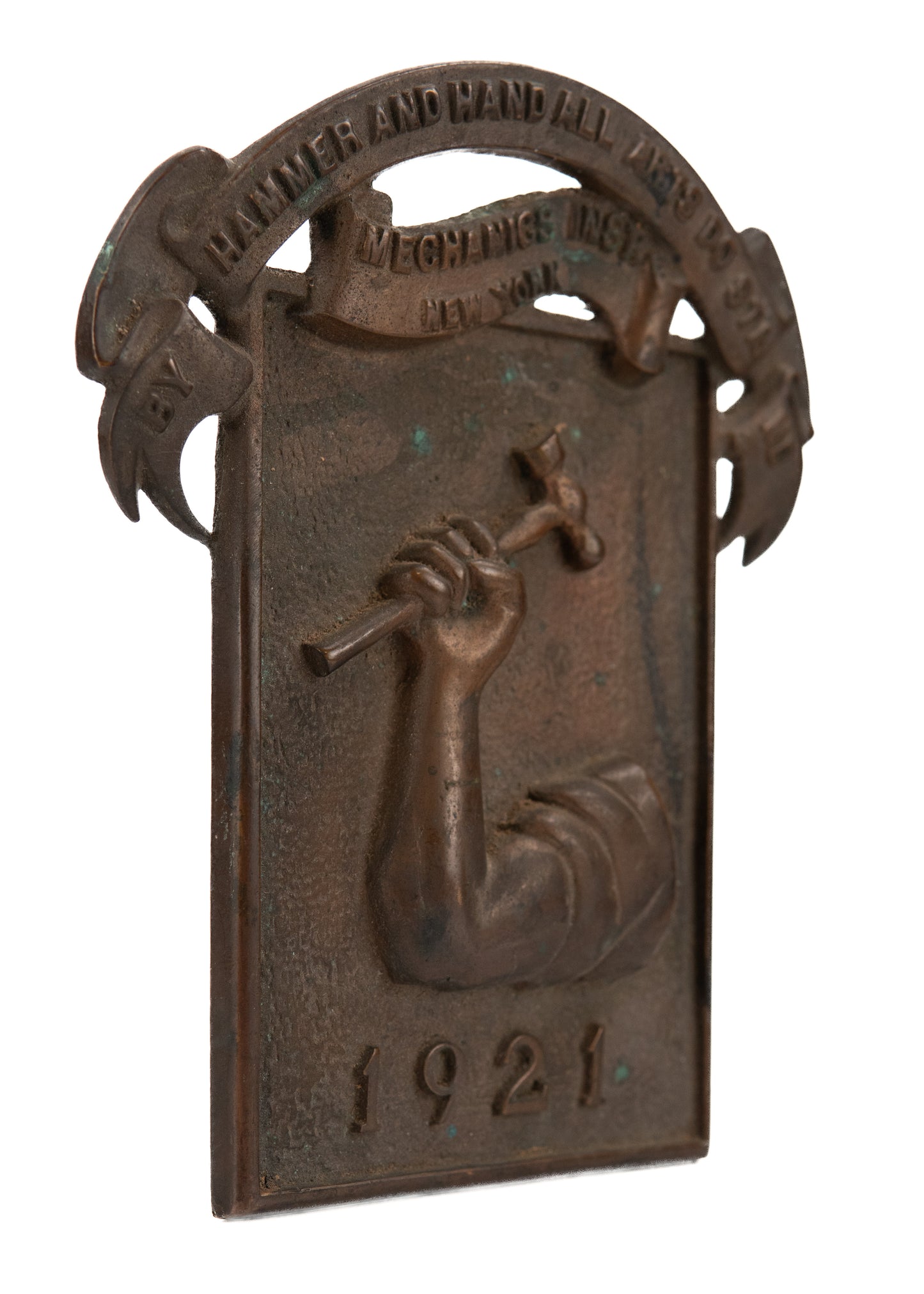 1921 MECHANICS INSTITUTE. Superb Brass Arts & Crafts Placard for Workers, Trades, Unions, & Socialism.