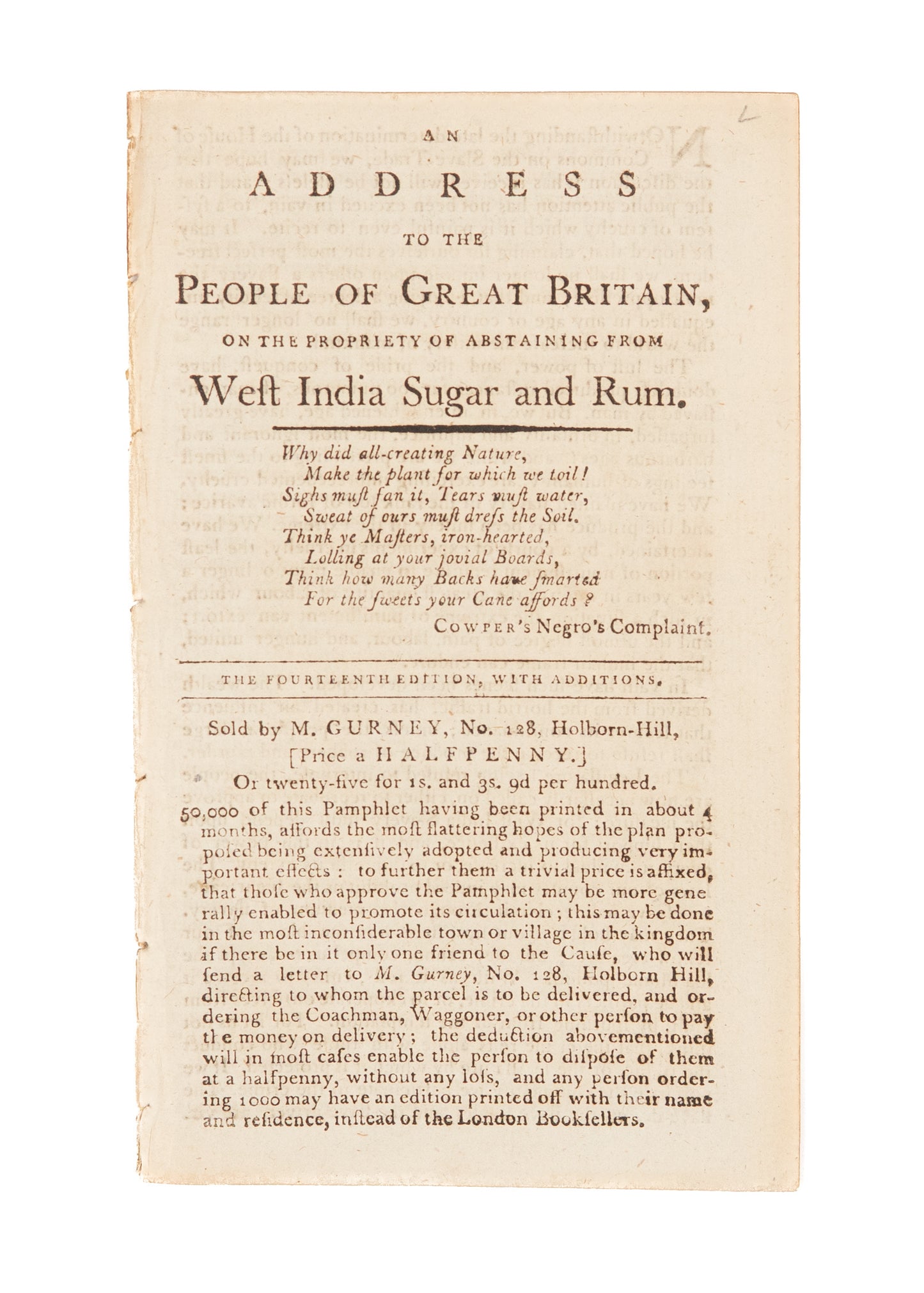 1792 WILLIAM FOX. Abolitionist Call to Abstain from West India Sugar and Rum.