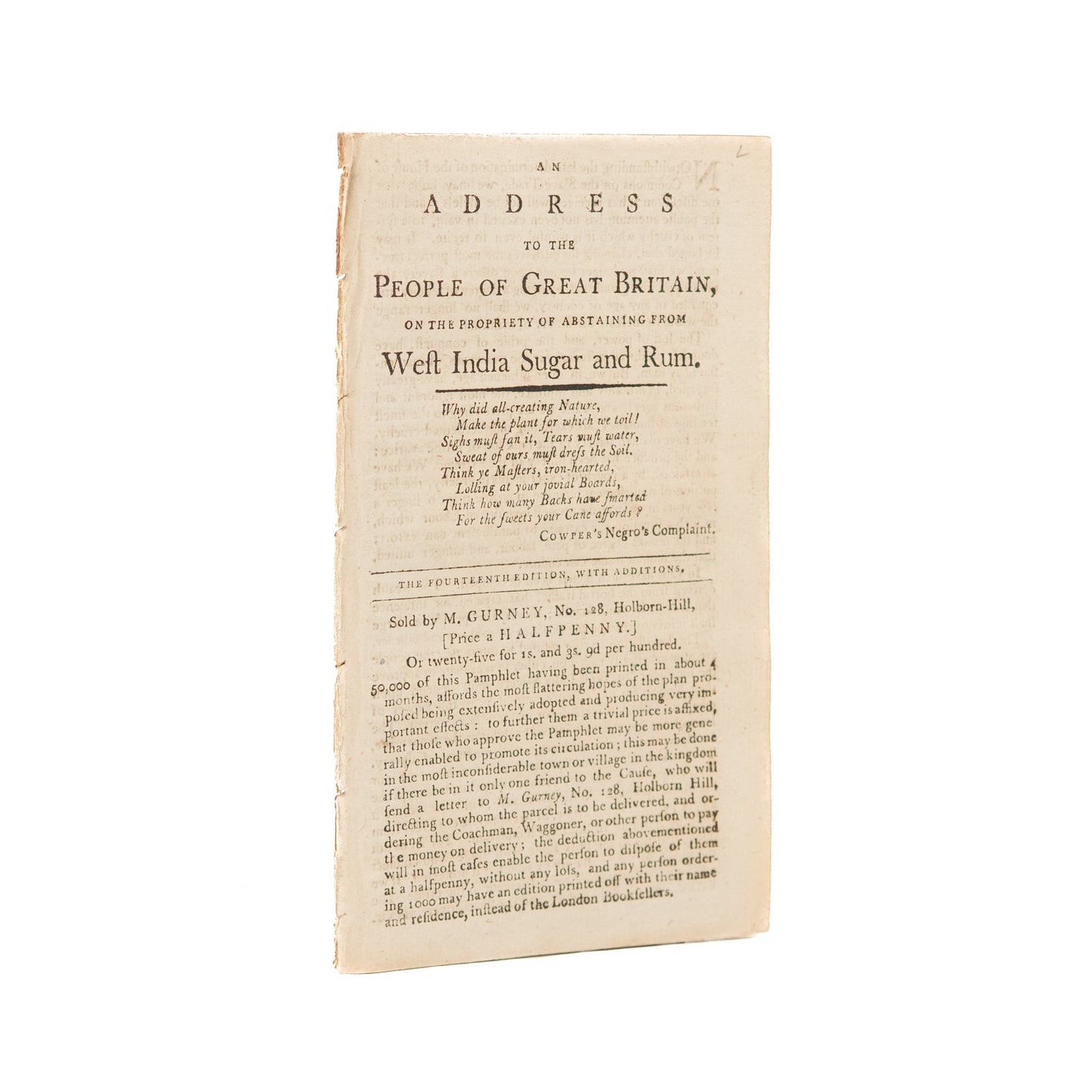 1792 WILLIAM FOX. Abolitionist Call to Abstain from West India Sugar and Rum.