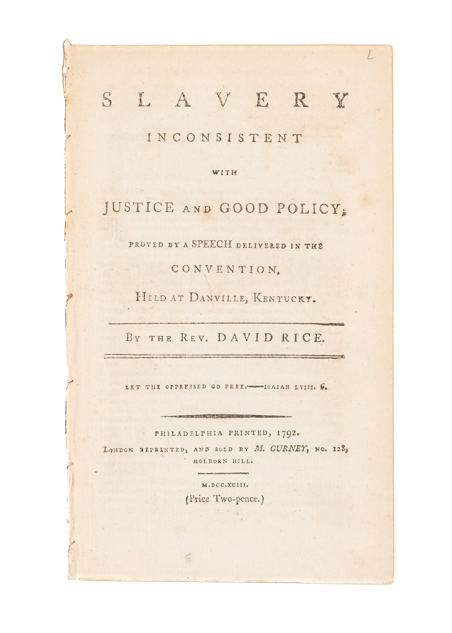 1793 KENTUCKY SLAVERY. Rare Sermon Reproving Birth of Slavery at Kentucky's Statehood.