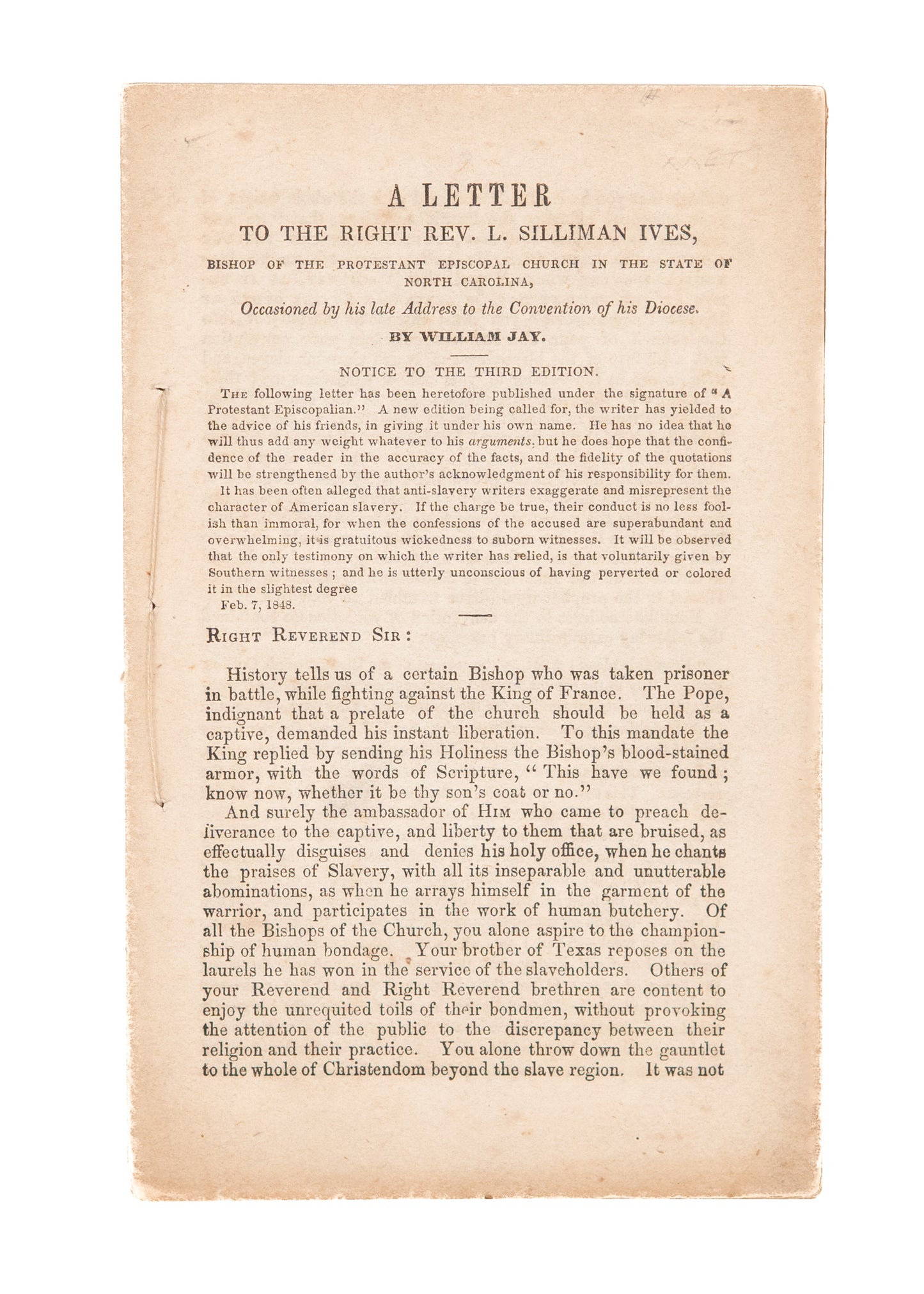 1846 WILLIAM JAY. Lambastes South Carolina Bishop for Being no Better than a Slave Trader.