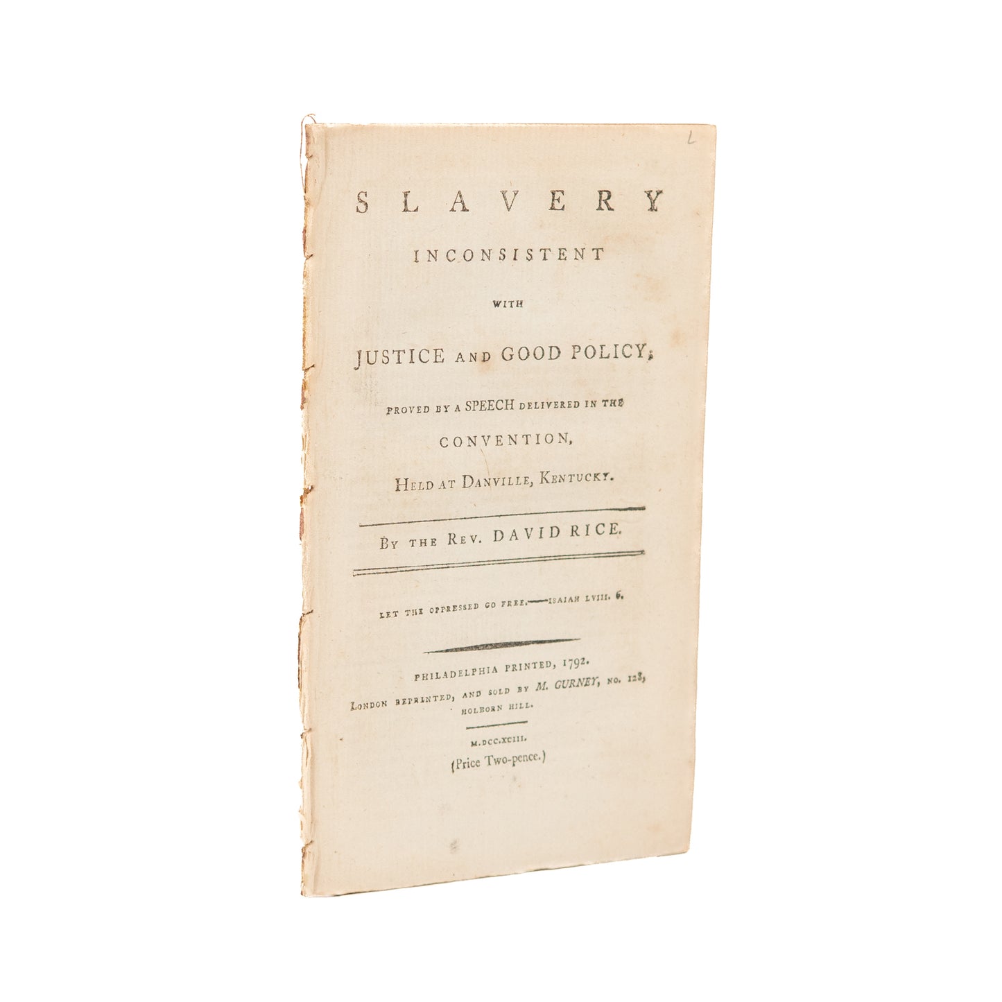 1793 KENTUCKY SLAVERY. Rare Sermon Reproving Birth of Slavery at Kentucky's Statehood.