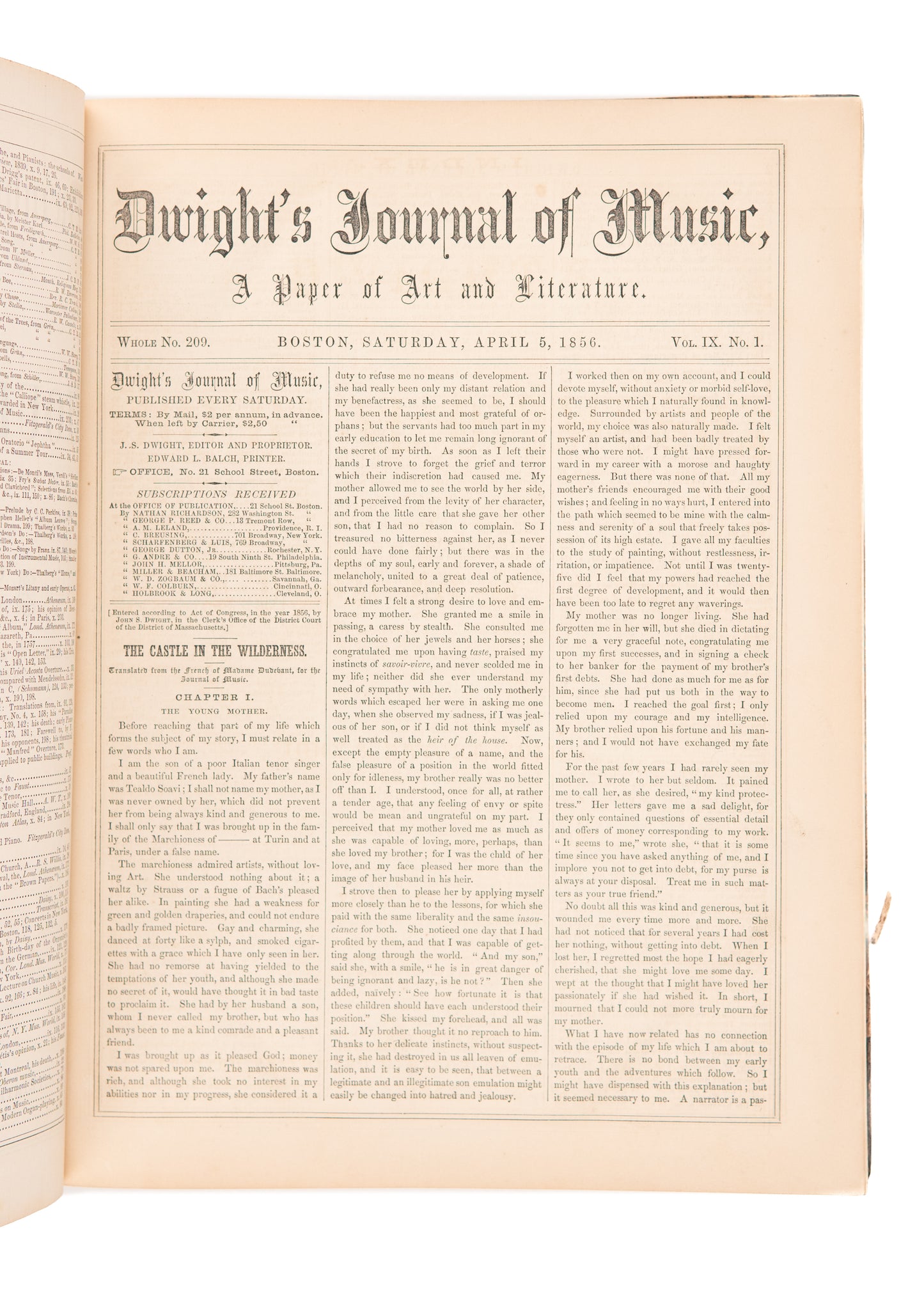 1857 JOHN S. DWIGHT. Dwight's Journal of Music. Negro & Slave Melodies, American Musicians, &c.