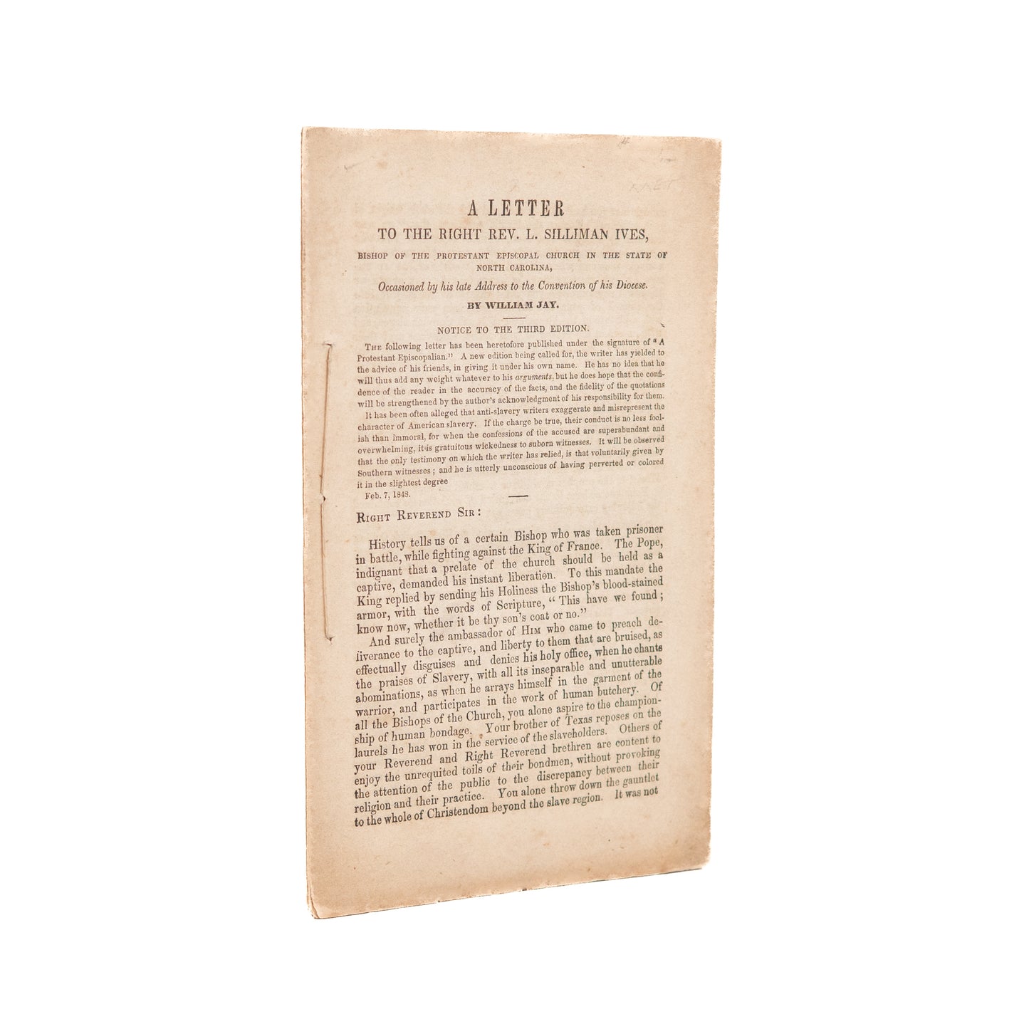 1846 WILLIAM JAY. Lambastes South Carolina Bishop for Being no Better than a Slave Trader.