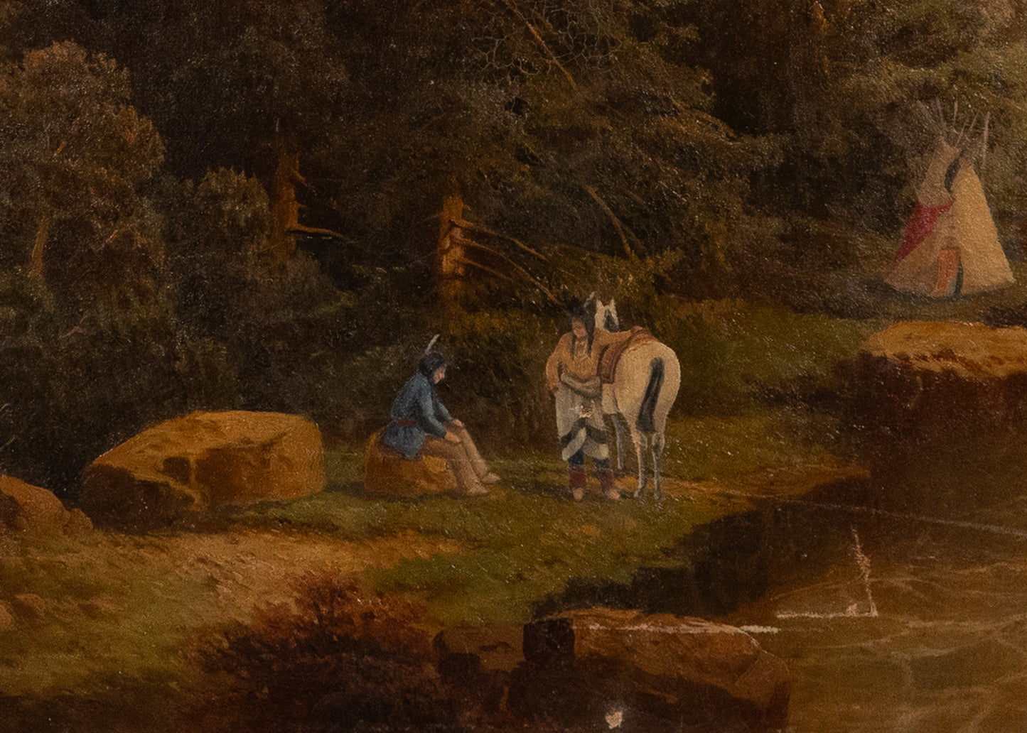 1880 HUDSON RIVER SCHOOL. Indian Encampment on the River - Painting for Restoration.