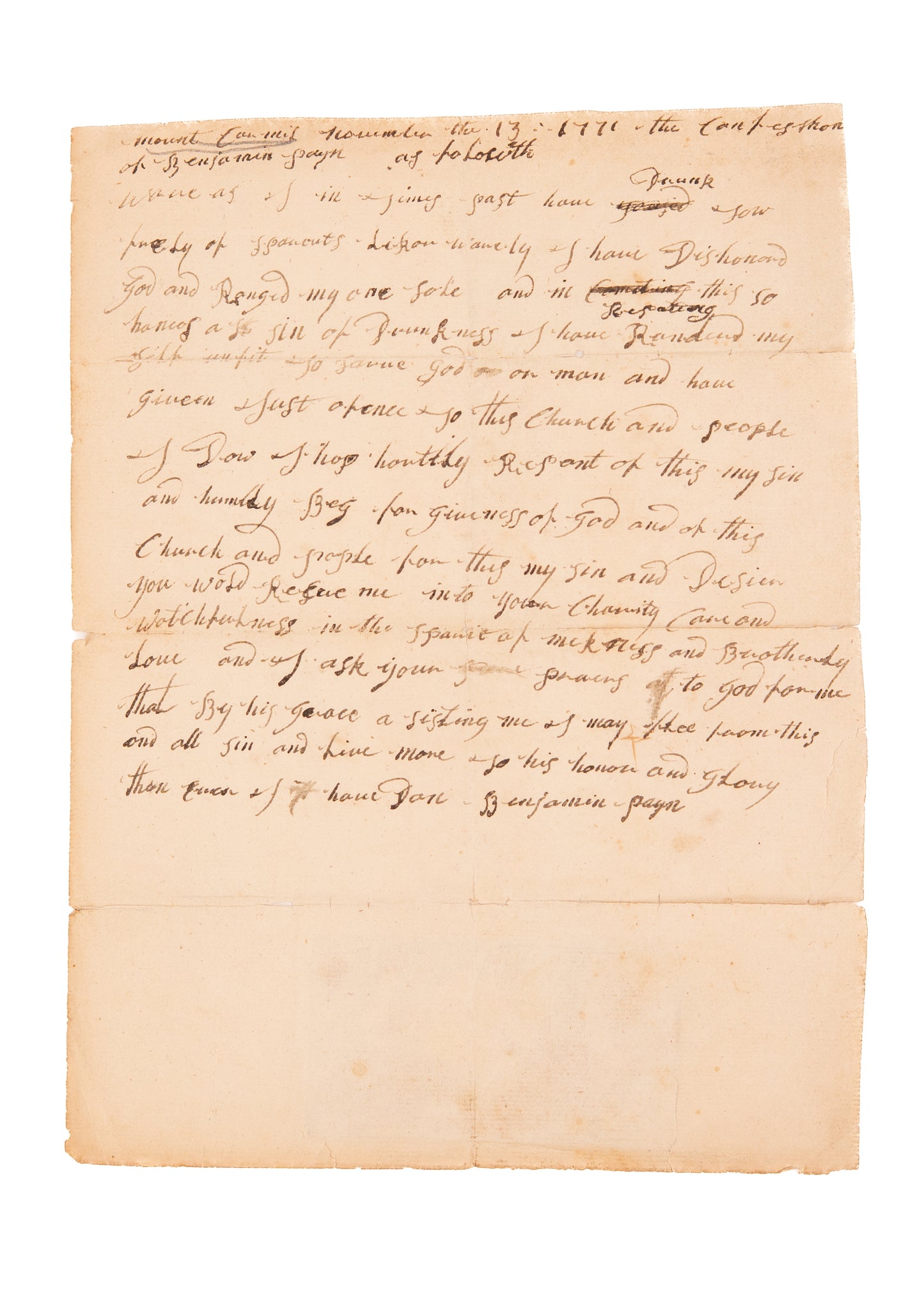 1771 SCOTCH-IRISH VERNACULAR. Early American Confesses the Sin of Repeated Drunkenness.