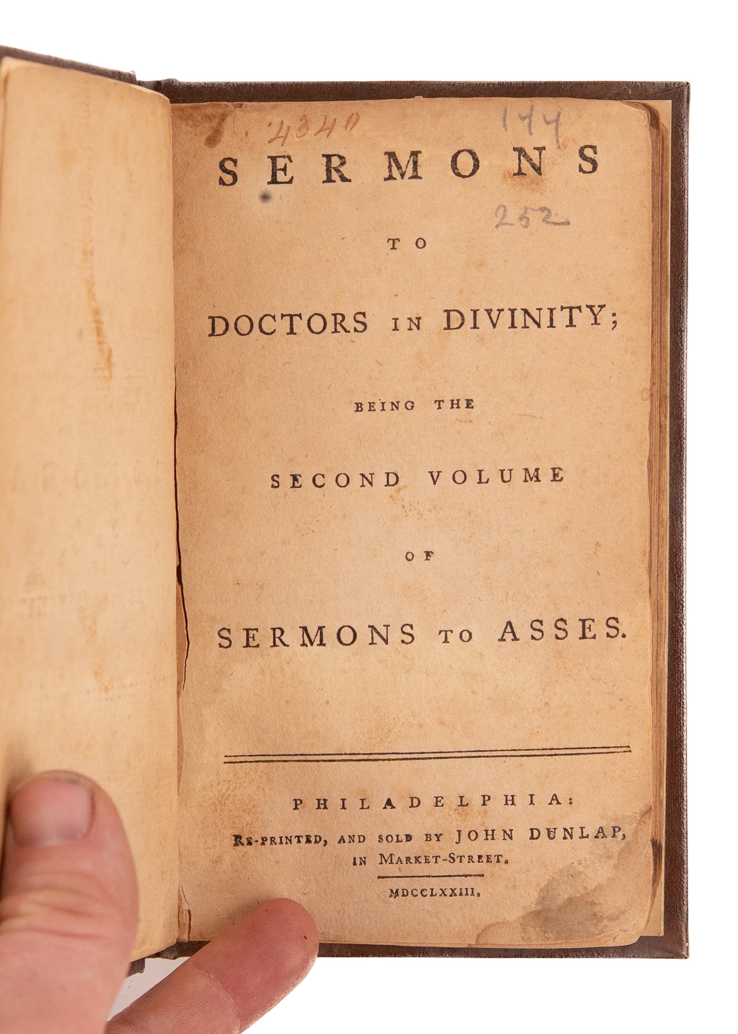 1773 SERMONS TO ASSES. American Revolutionary Satire Owned by "The Fighting Quaker" of the Revolution.