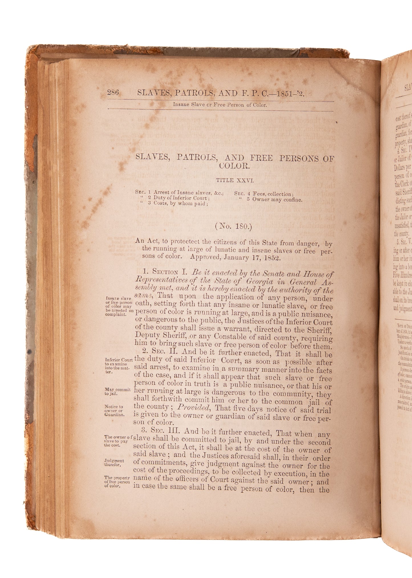 1852 GEORGIA "BLACK LAWS." State of Georgia can Imprison Free and Enslaved Blacks for being a "Nuisance."