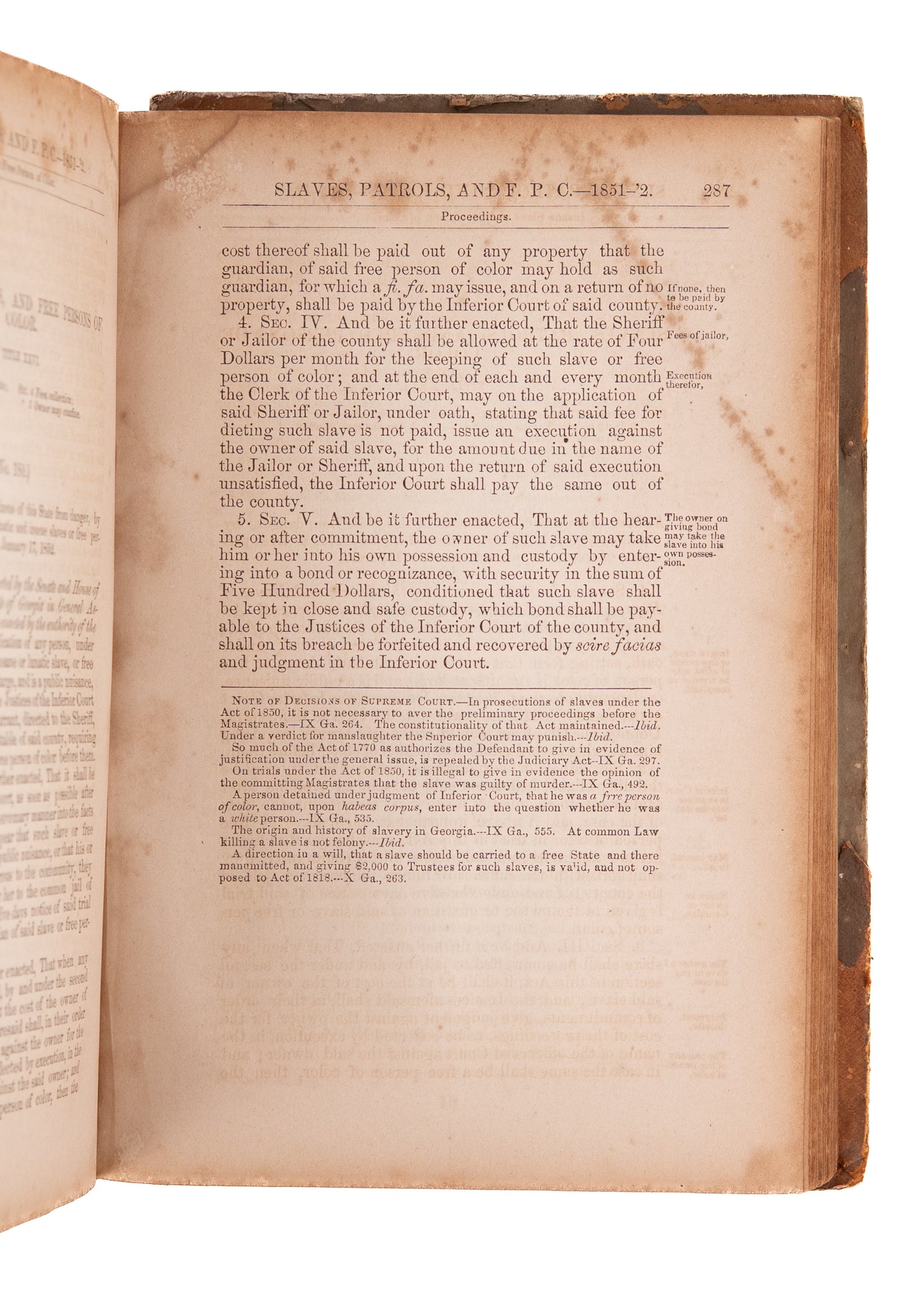 1852 GEORGIA "BLACK LAWS." State of Georgia can Imprison Free and Enslaved Blacks for being a "Nuisance."