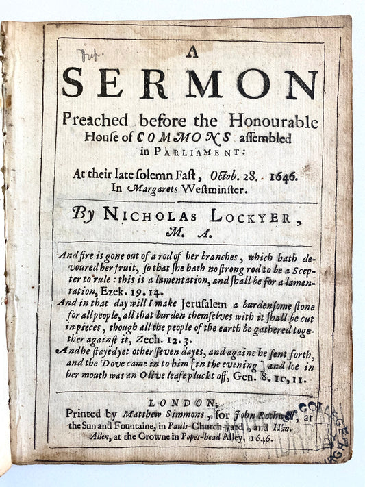 1646 NICHOLAS LOCKYER. Westminster Assembly Puritan Preaches on the Need for Just and Robust Government.