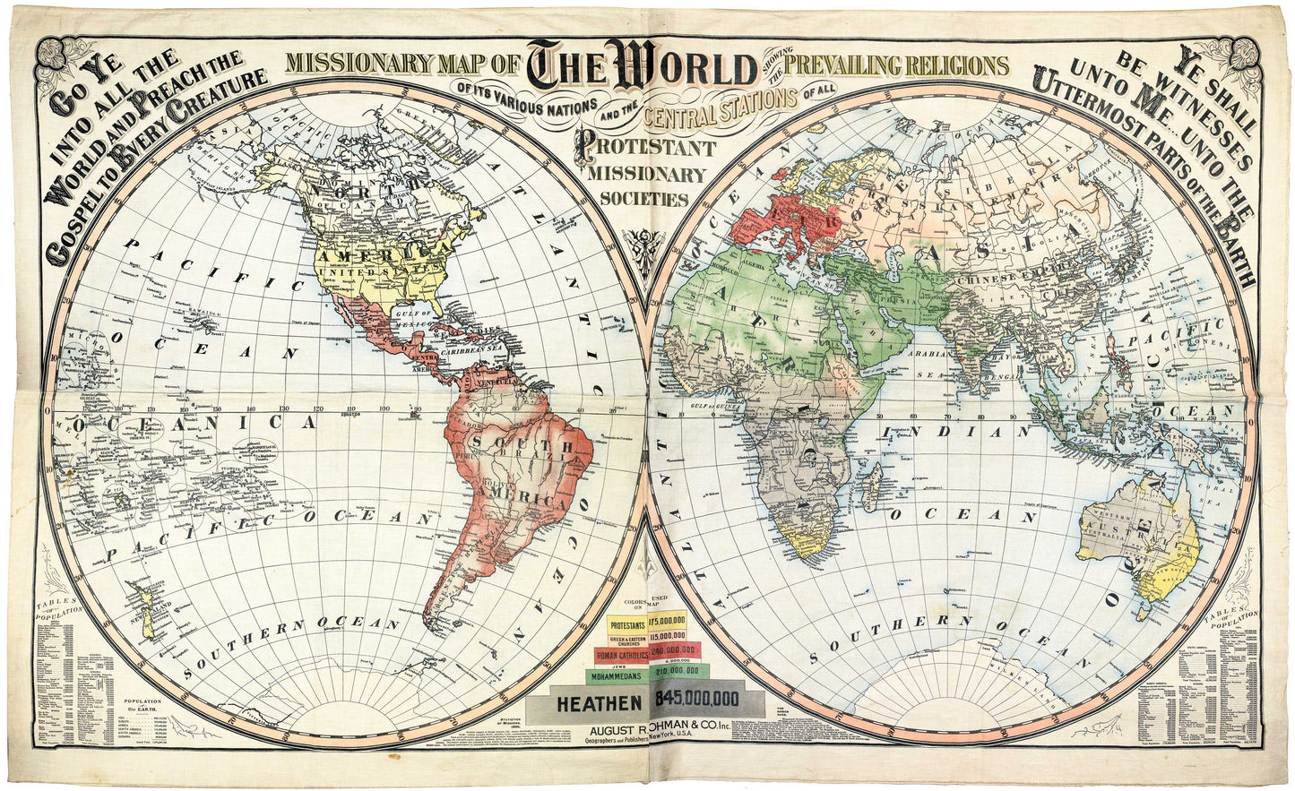 1906 MISSIONARY MAP. Extraordinary 44 x 80 Inch Linen Printed Missionary Map for Exhibitions. Rare Pristine Survivor.