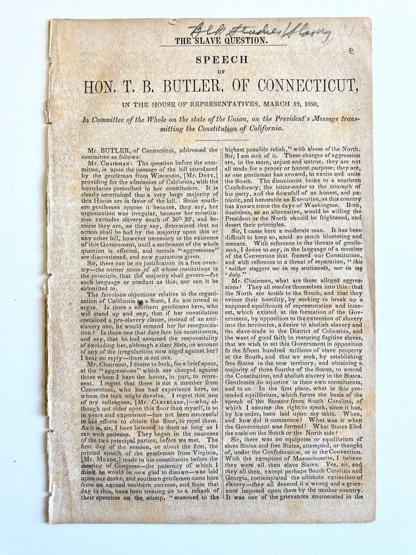 1850 FUGITIVE SLAVE ACT. T. B. Butler of Connecticut on "The Slave Question."