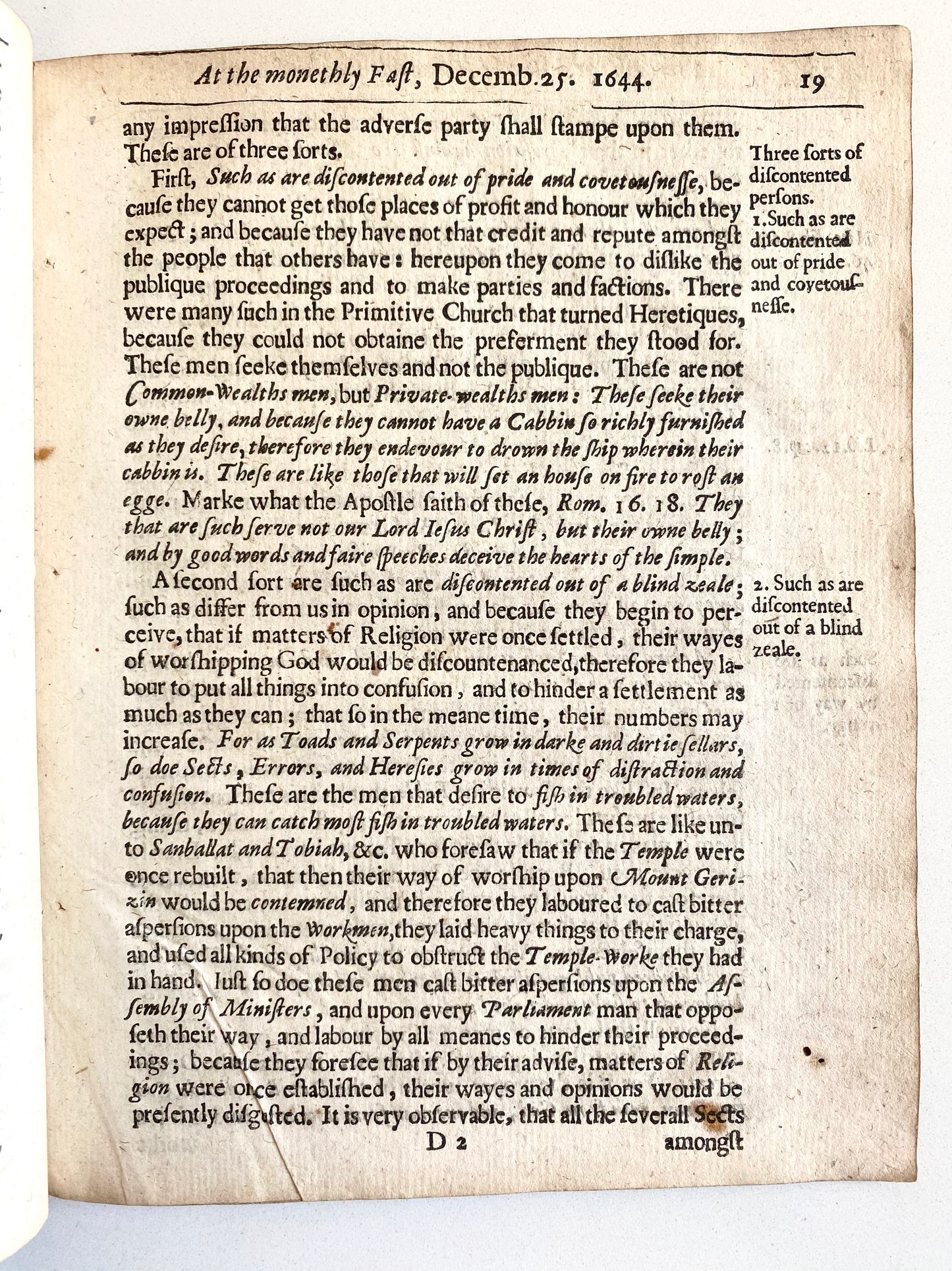 1645 EDMUND CALAMY. Westminster Assembly Puritan Argues Against Exclusive Christian Government - And Against Christmas!