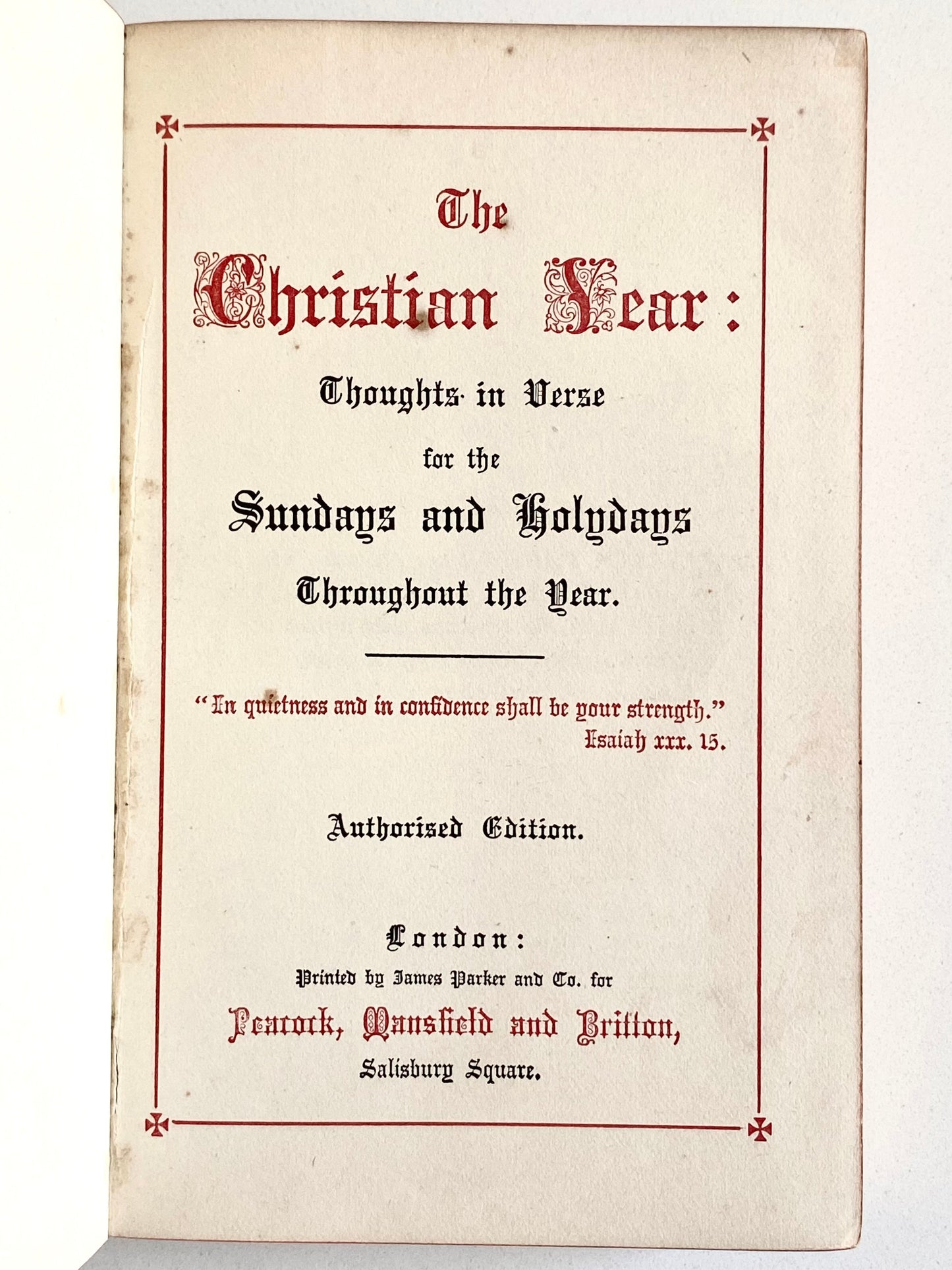 1890 JOHN KEBLE. The Christian Year - Daily Devotional in Superb Red Crushed Morocco Binding.