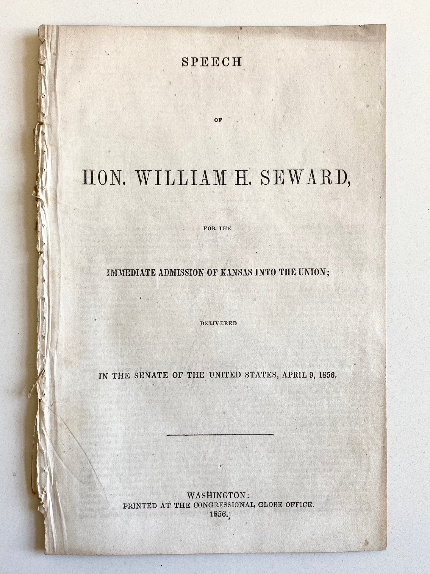 1856 SLAVERY & KANSAS. William H. Seward Urges Immediate Statehood for Non-Slave Kansas.