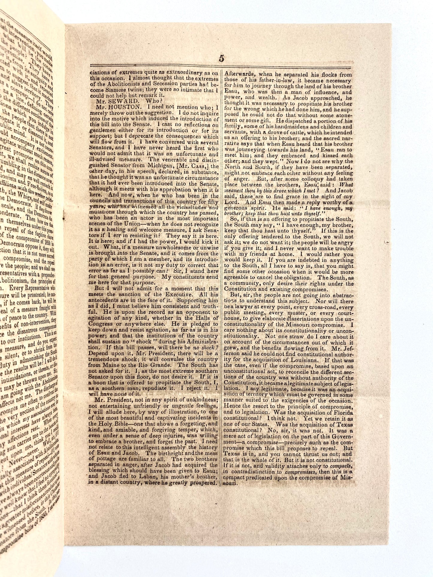 1854 SAM HOUSTON on Slavery. Important Speech by Texas Senator, Sam Houston on Nebraska & Kansas Bill.