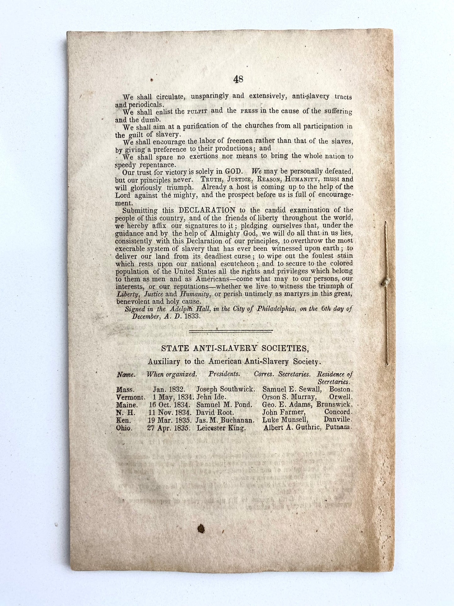 1835 SLAVERY & ABOLITION. New Hampshire Anti-Slavery Society - Early History of American Slavery