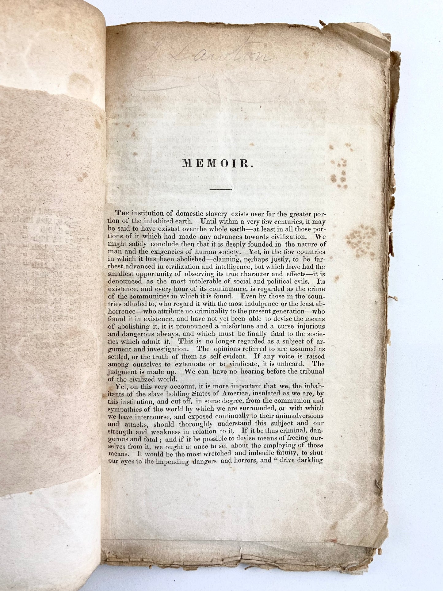 1838 SOUTH CAROLINA - SLAVERY. Exceptionally Scarce Pro-Slavery Tract by Confederate Senator.