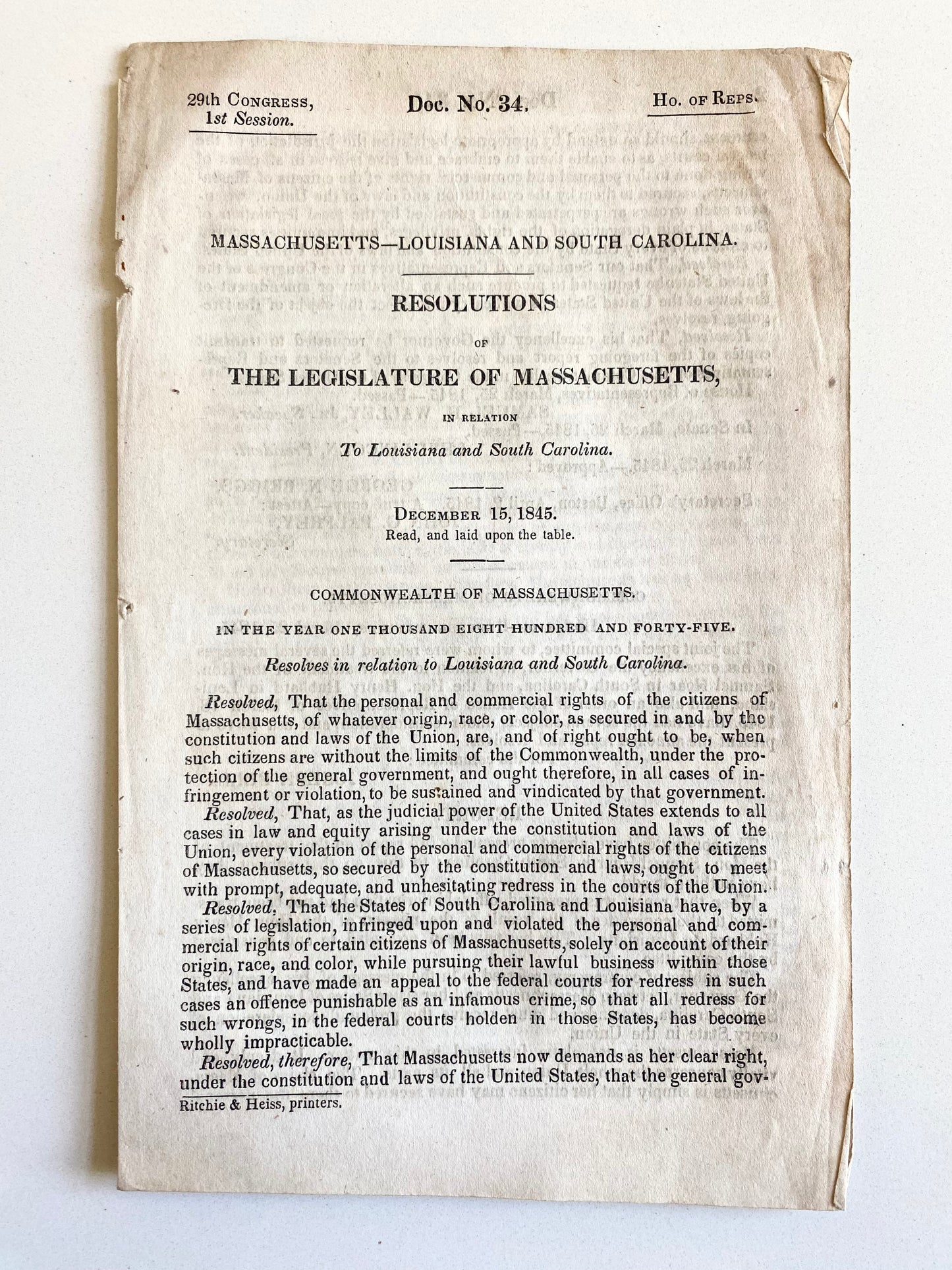 1845 SLAVERY. Massachusetts Sues Louisiana and South Carolina for Arresting Northern Black Citizens.