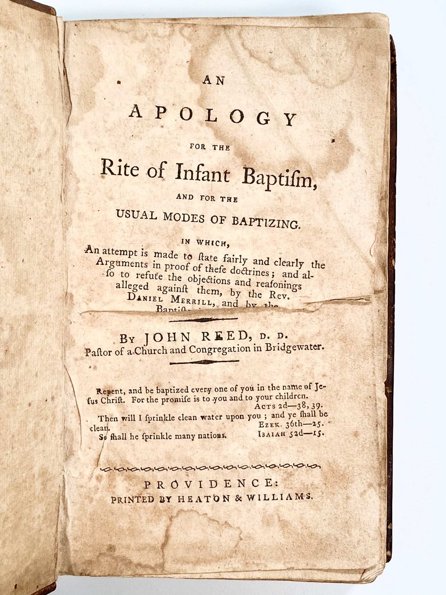 1806 JOHN REED. Rare Anti-Baptist / Daniel Merrill Work Published in Rhode Island.