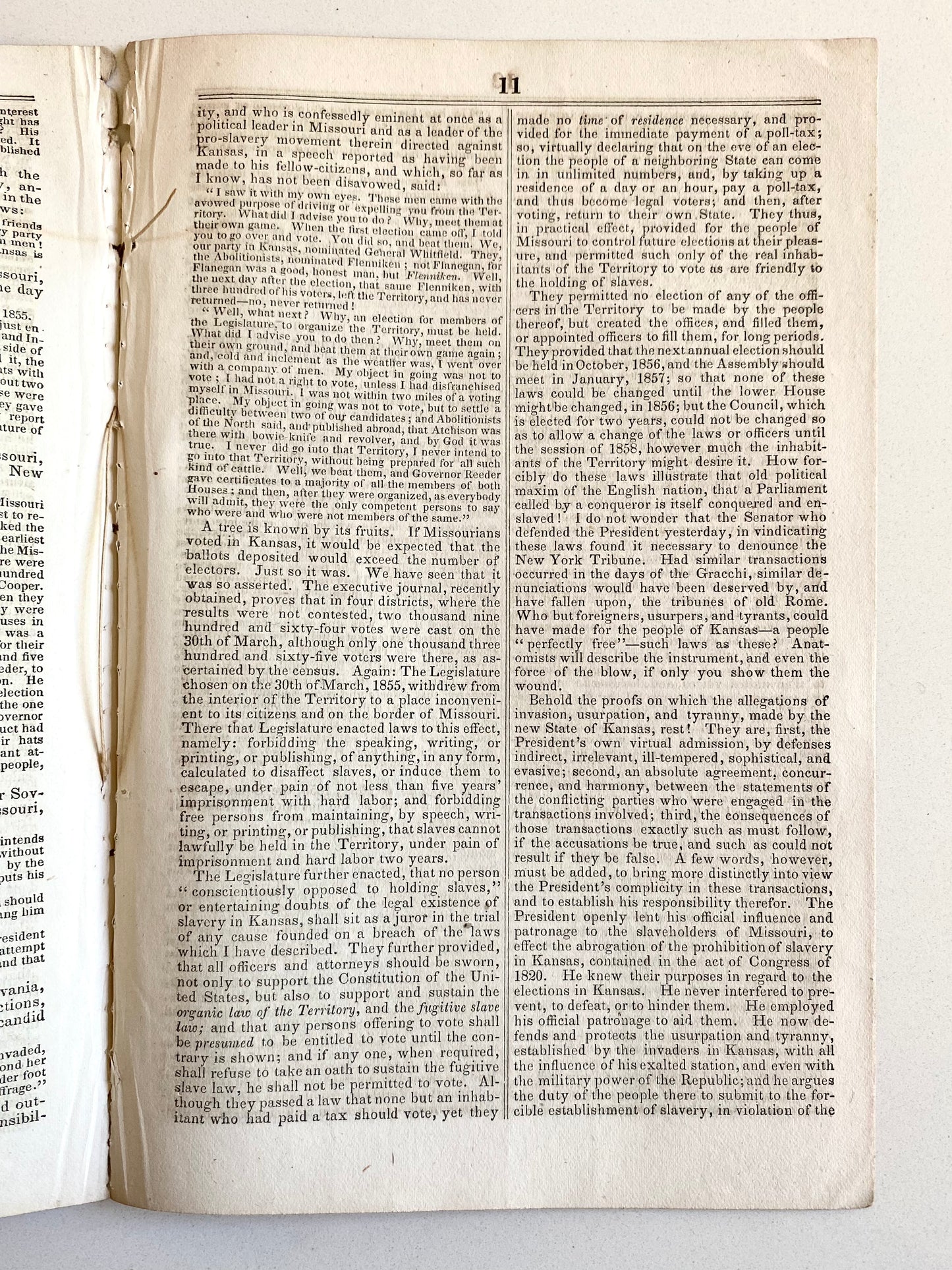 1856 SLAVERY & KANSAS. William H. Seward Urges Immediate Statehood for Non-Slave Kansas.