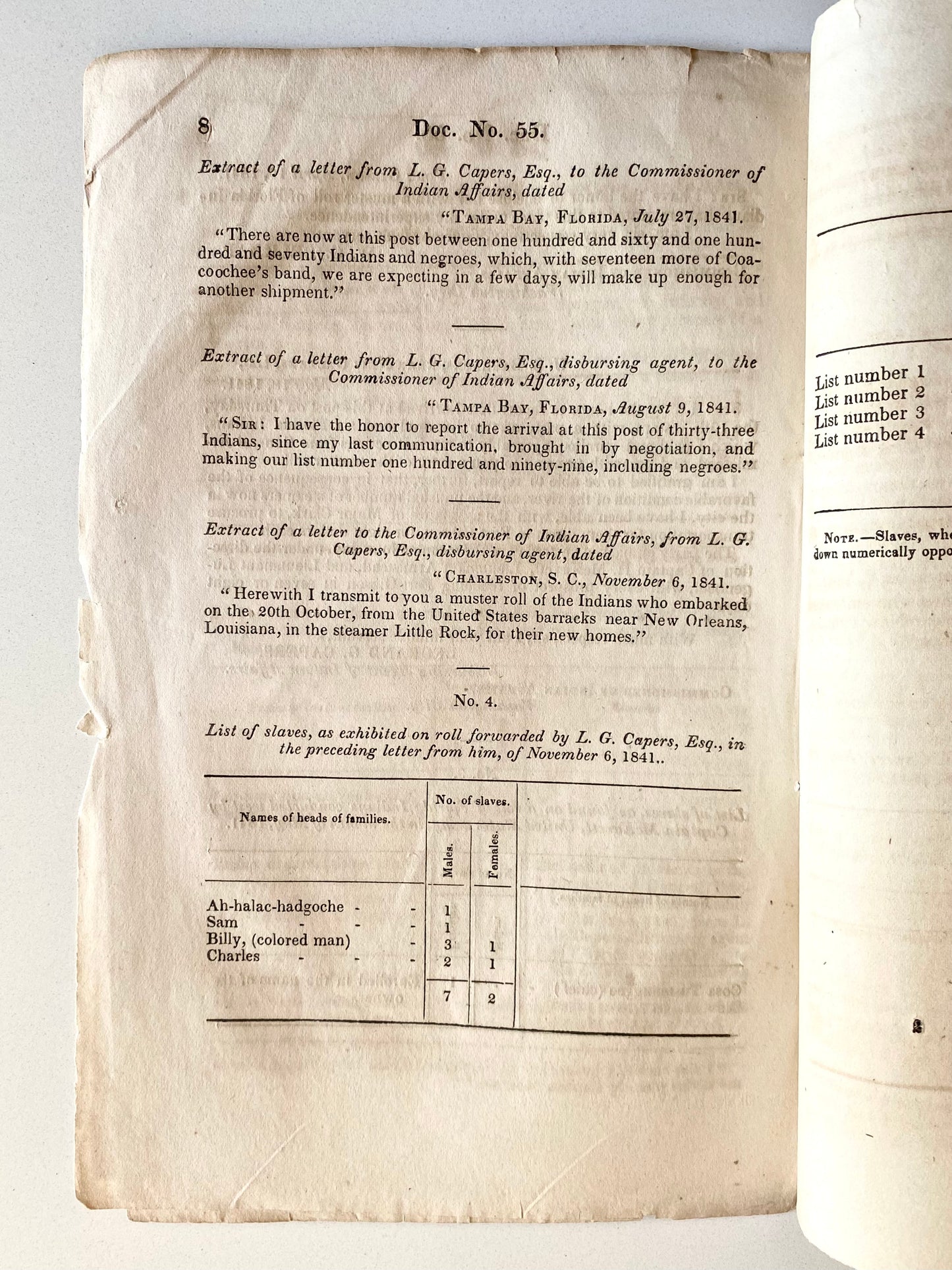 1842 SEMINOLE WAR & SLAVERY. Federal Report of Seminole War and "Re-Capture" of Slaves Held by the Seminole People.