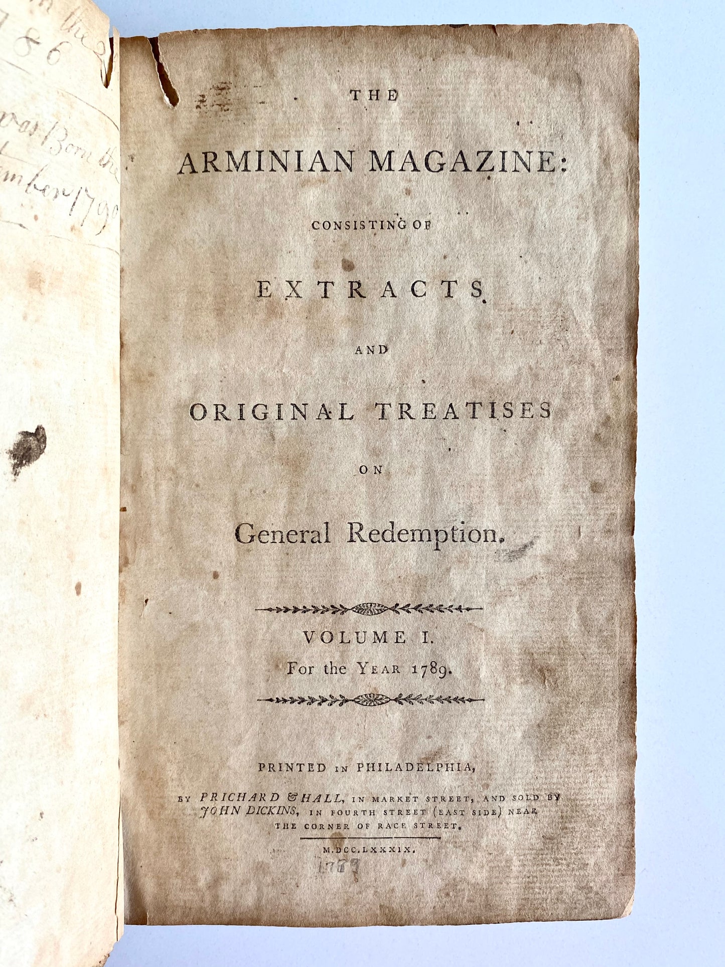 1789 FRANCIS ASBURY & THOMAS COKE. Scarce First Year of American "Arminian Magazine" in Deer Skin Binding with Superb Provenance.