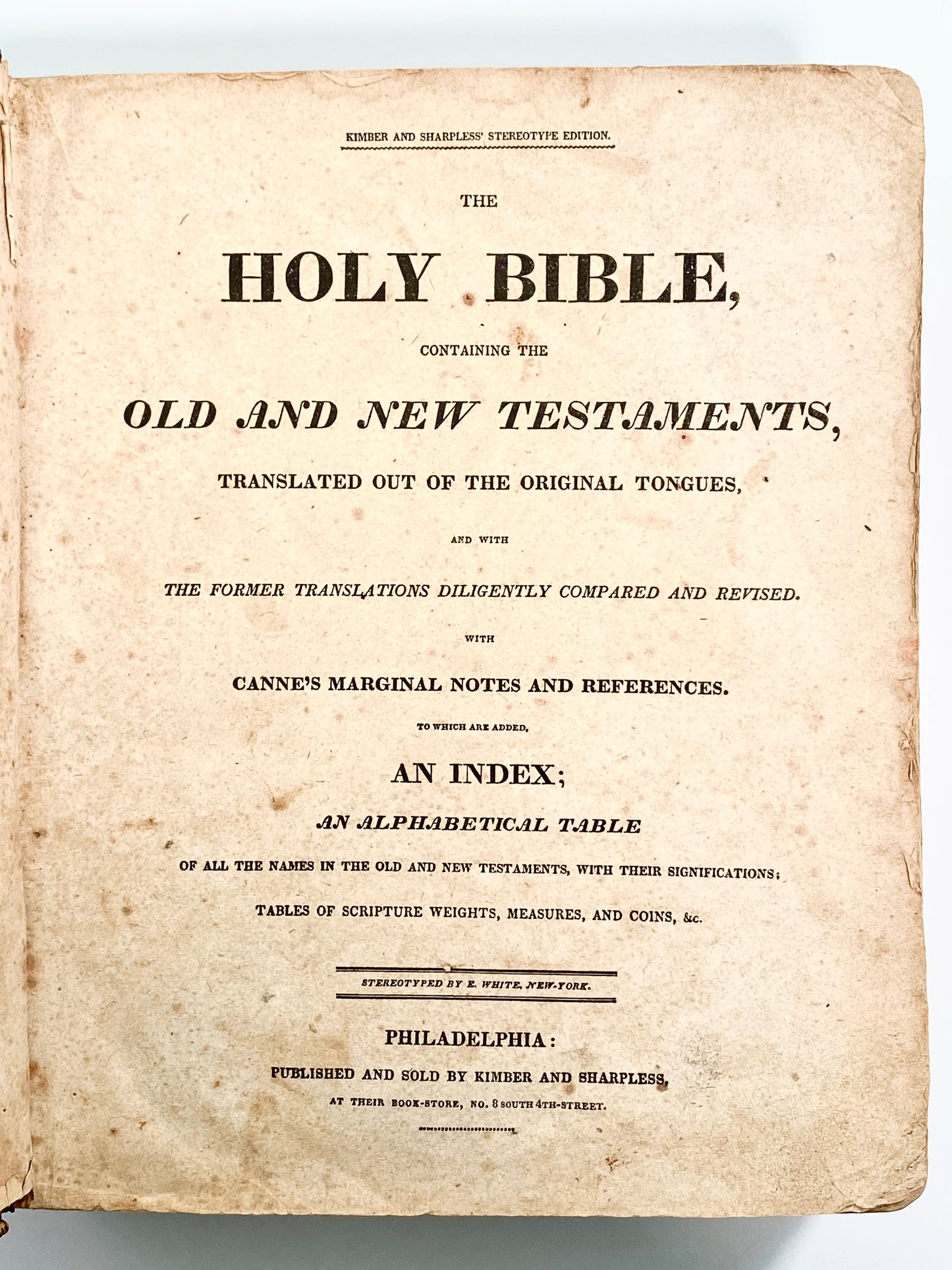 1829 HOLY BIBLE. Wood Family Kimber & Sharpless Stereotype Bible in Fine Leather Binding.