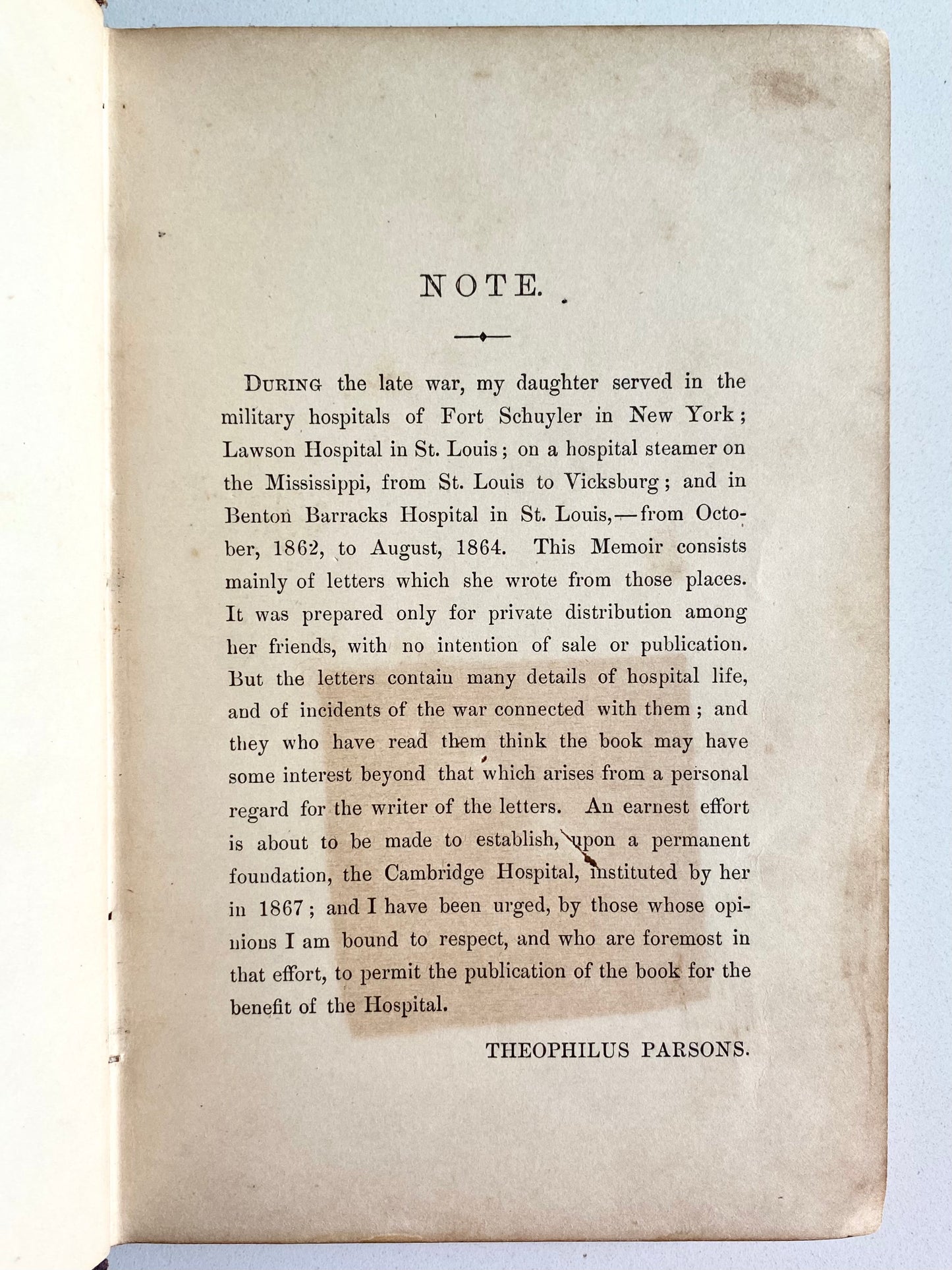 1880 CIVIL WAR NURSING. Memoir of Emily Elizabeth Parsons - Cambridge Hospital for Soldiers.