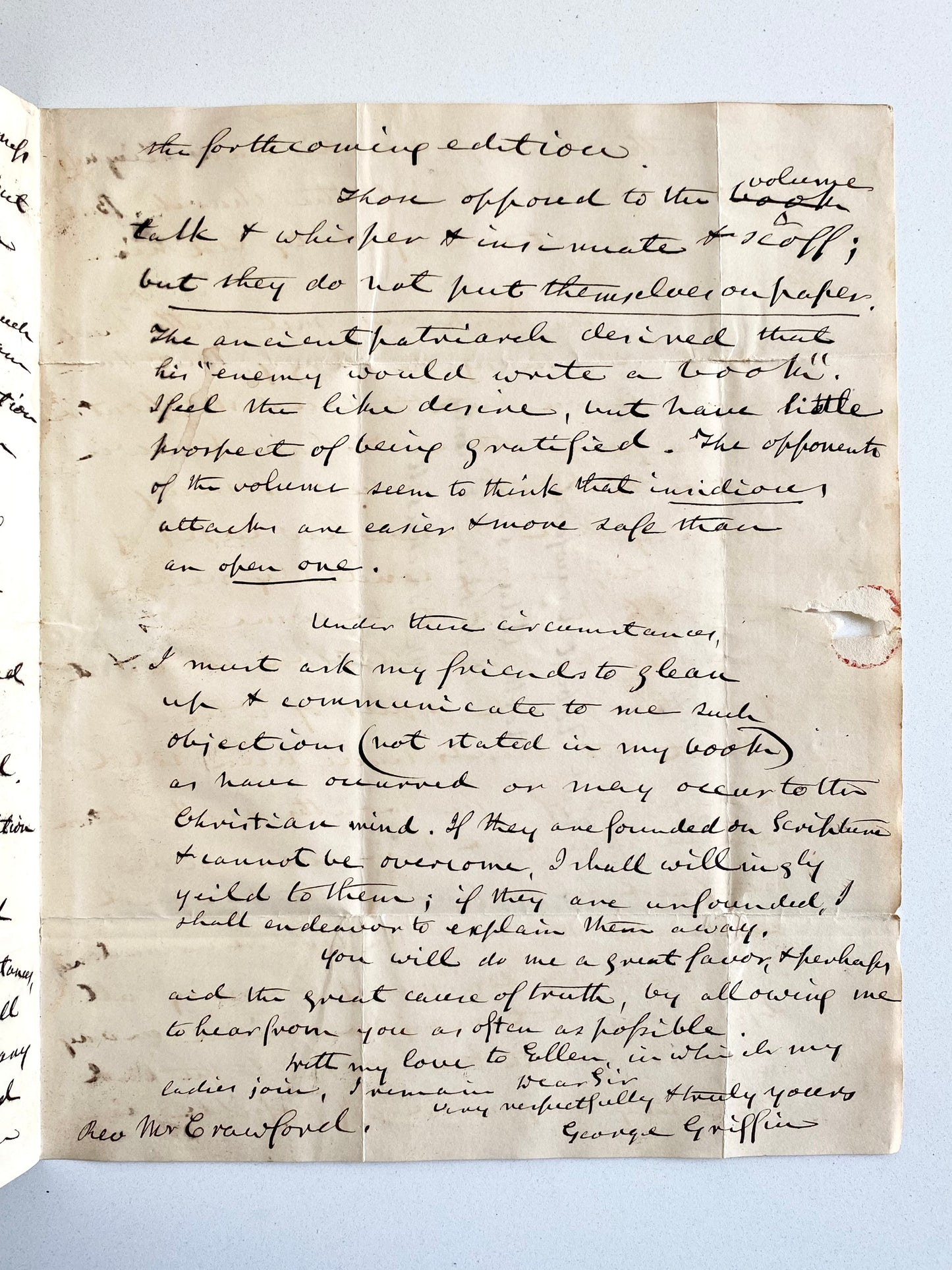 1846 GEORGE GRIFFIN. Letters on Atonement Theology by Author of Important Work on Sufferings of Christ in His Deity.