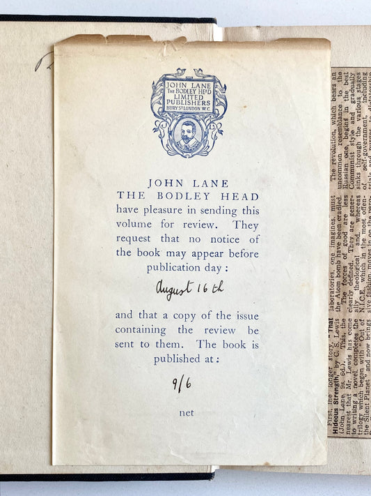 1945 C. S. LEWIS. Pre-Publication "For Review" First Edition of That Hideous Strength.