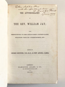 1854 WILLIAM JAY. Autobiography of Rev. William Jay.