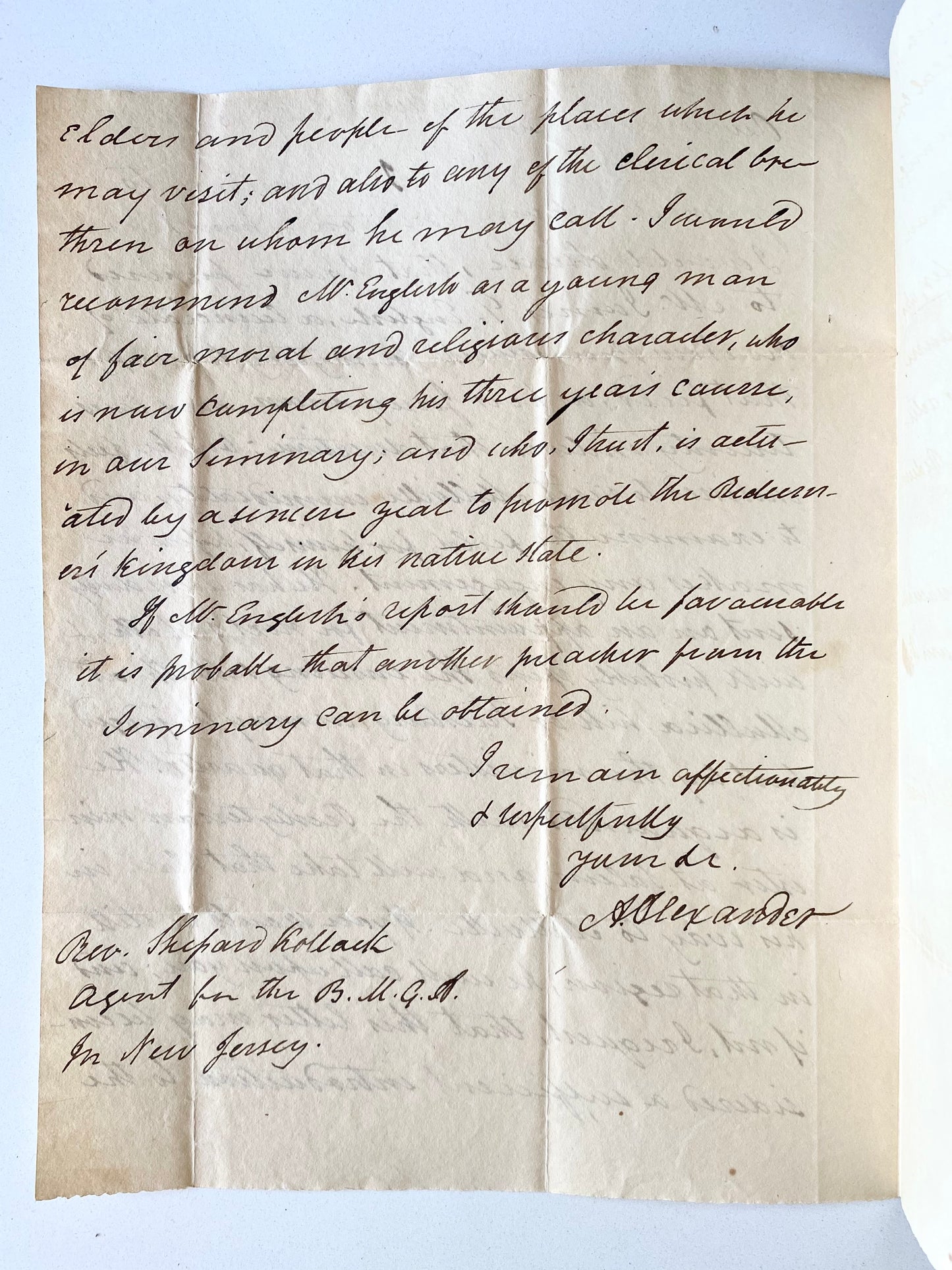 1835 ARCHIBALD ALEXANDER. Letter of Placement for a Young Princeton - Presbyterian Divine.