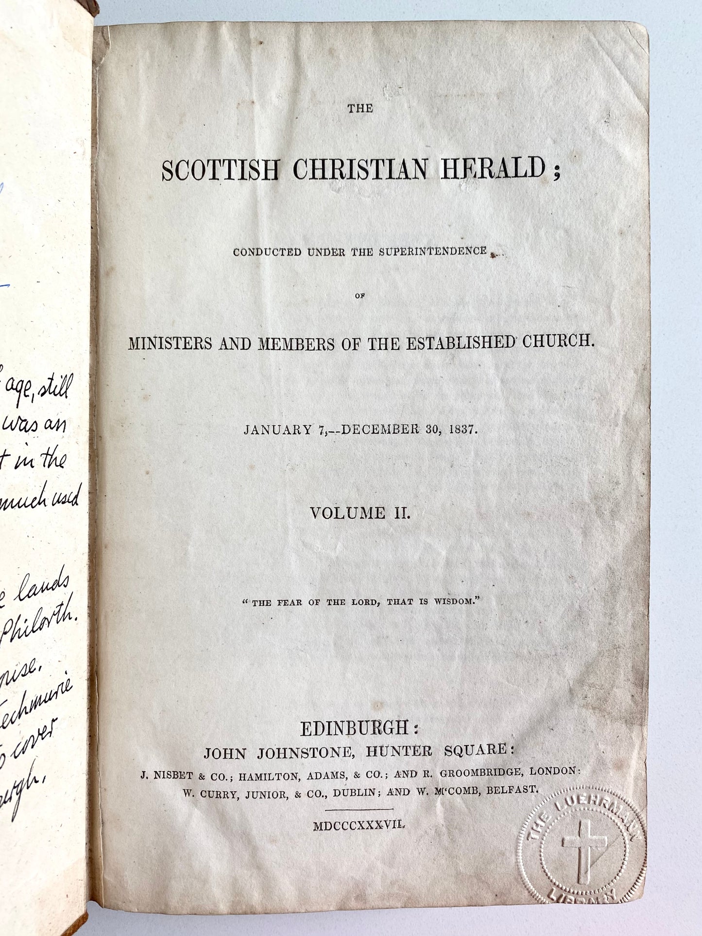 1837 SCOTTISH CHRISTIAN HERALD. Robert Murray M'Cheyne, Jonathan Edwards, Revivals, &c.