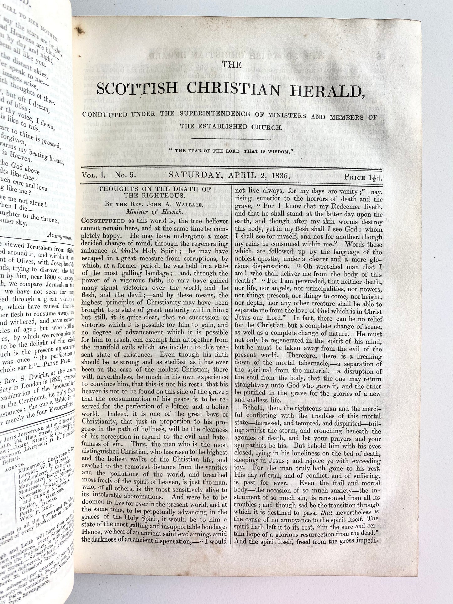 1836 SCOTTISH CHRISTIAN HERALD. Robert Murray M'Cheyne, Revivals, Lady Huntingdon & Great Awaking &c.