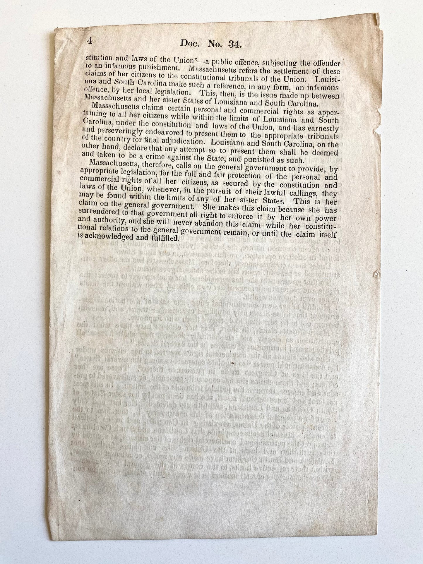 1845 SLAVERY. Massachusetts Sues Louisiana and South Carolina for Arresting Northern Black Citizens.