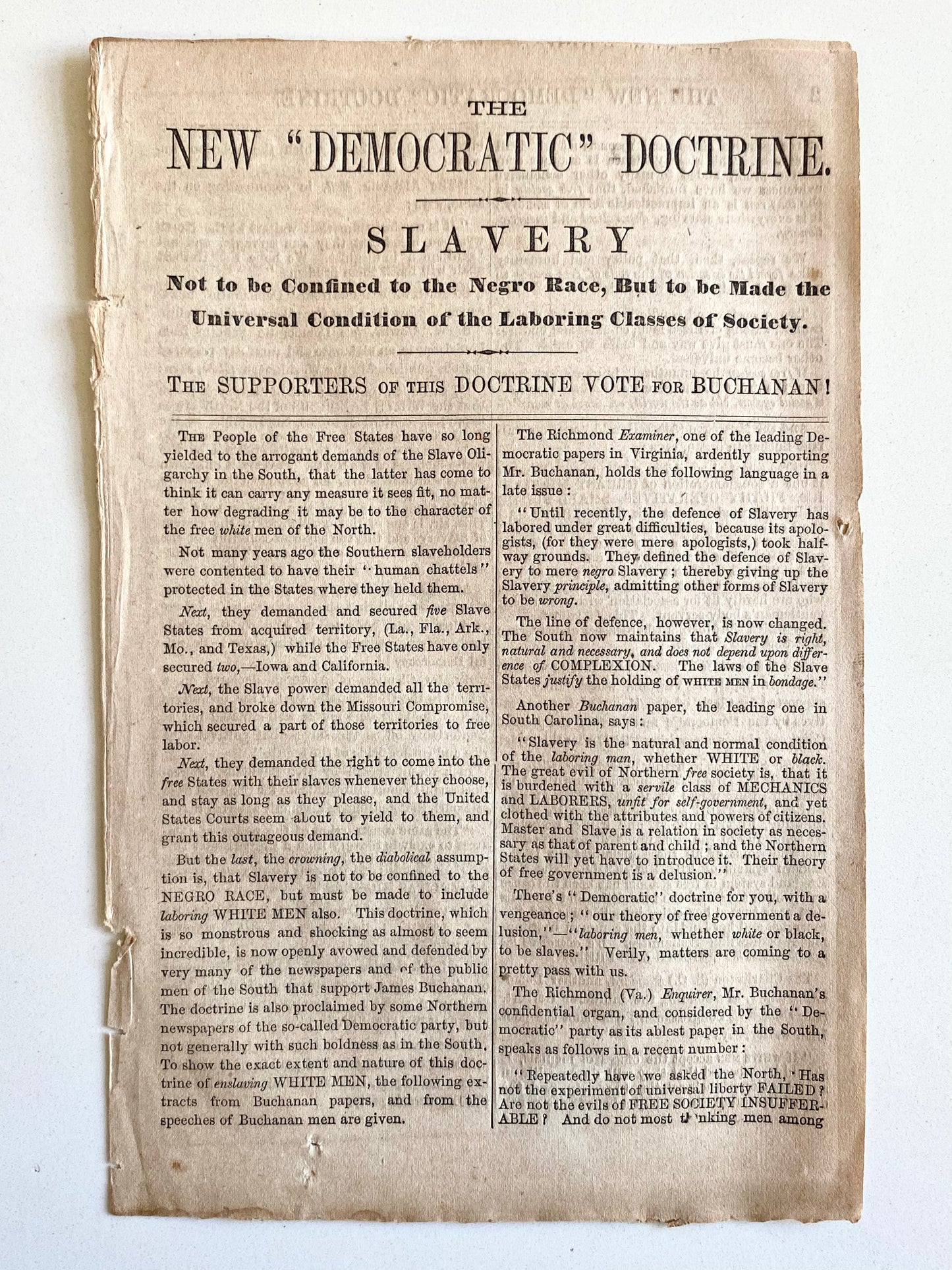 1856 WHITE SLAVERY. Democrats Ready to Sell Irish and German Immigrants into Slavery!