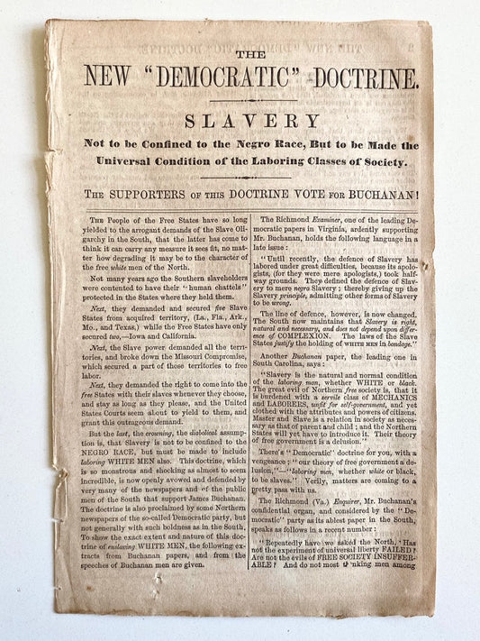 1856 WHITE SLAVERY. Democrats Ready to Sell Irish and German Immigrants into Slavery!