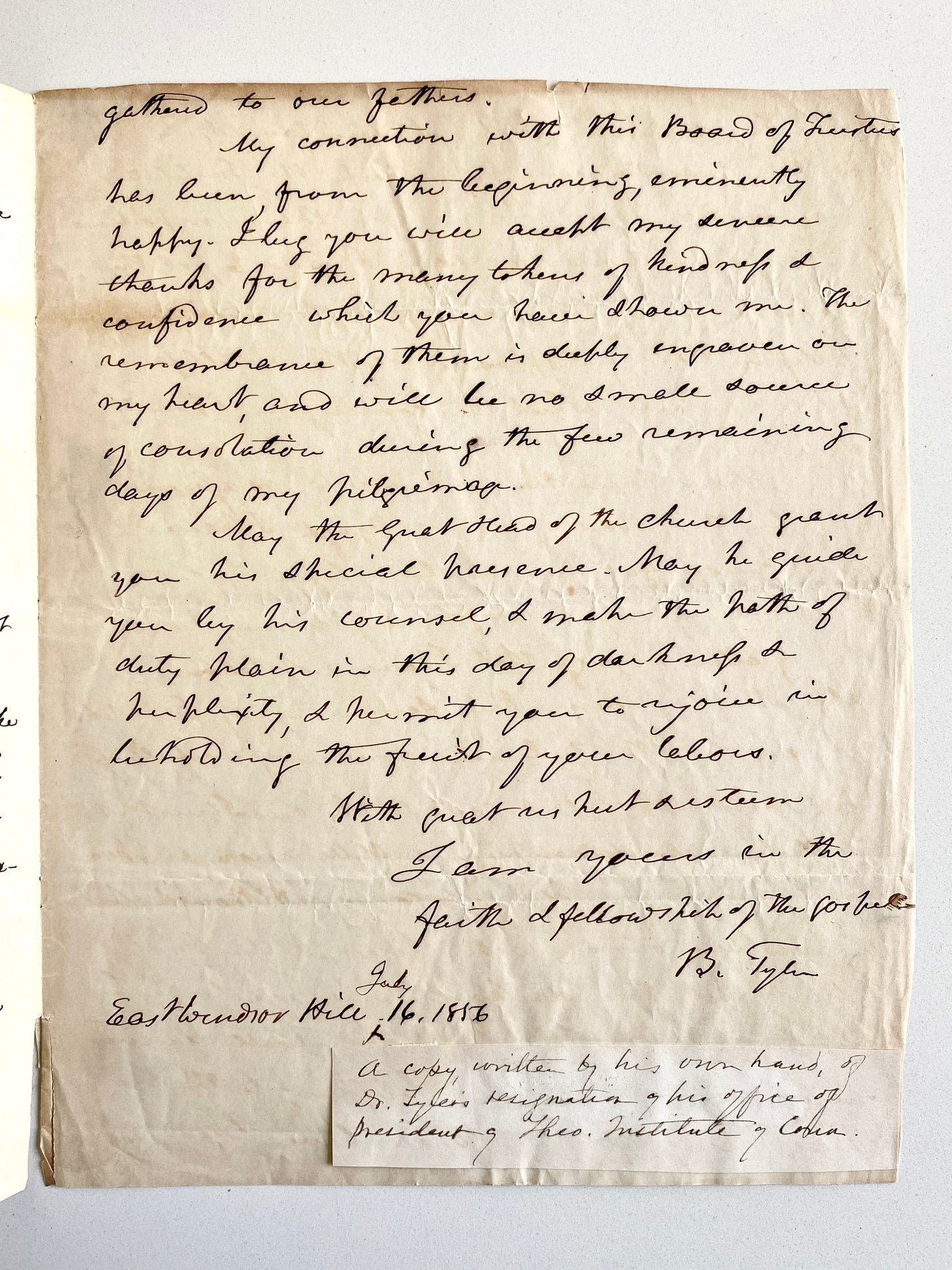 1856 BENNET TYLER. Manuscript Resignation from Theological Institute of Connecticut. Superb!