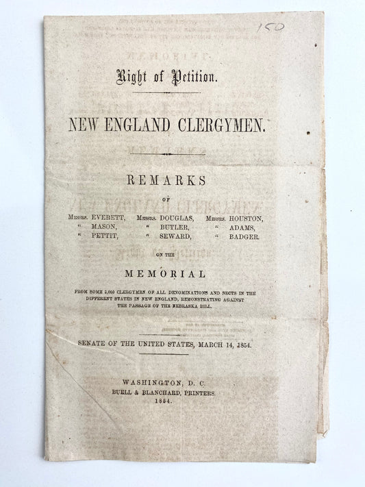 1854 3,000 CLERGY RESIST SLAVERY EXPANSION. Rare Clergy Petition against Catastrophic "Nebraska Bill."