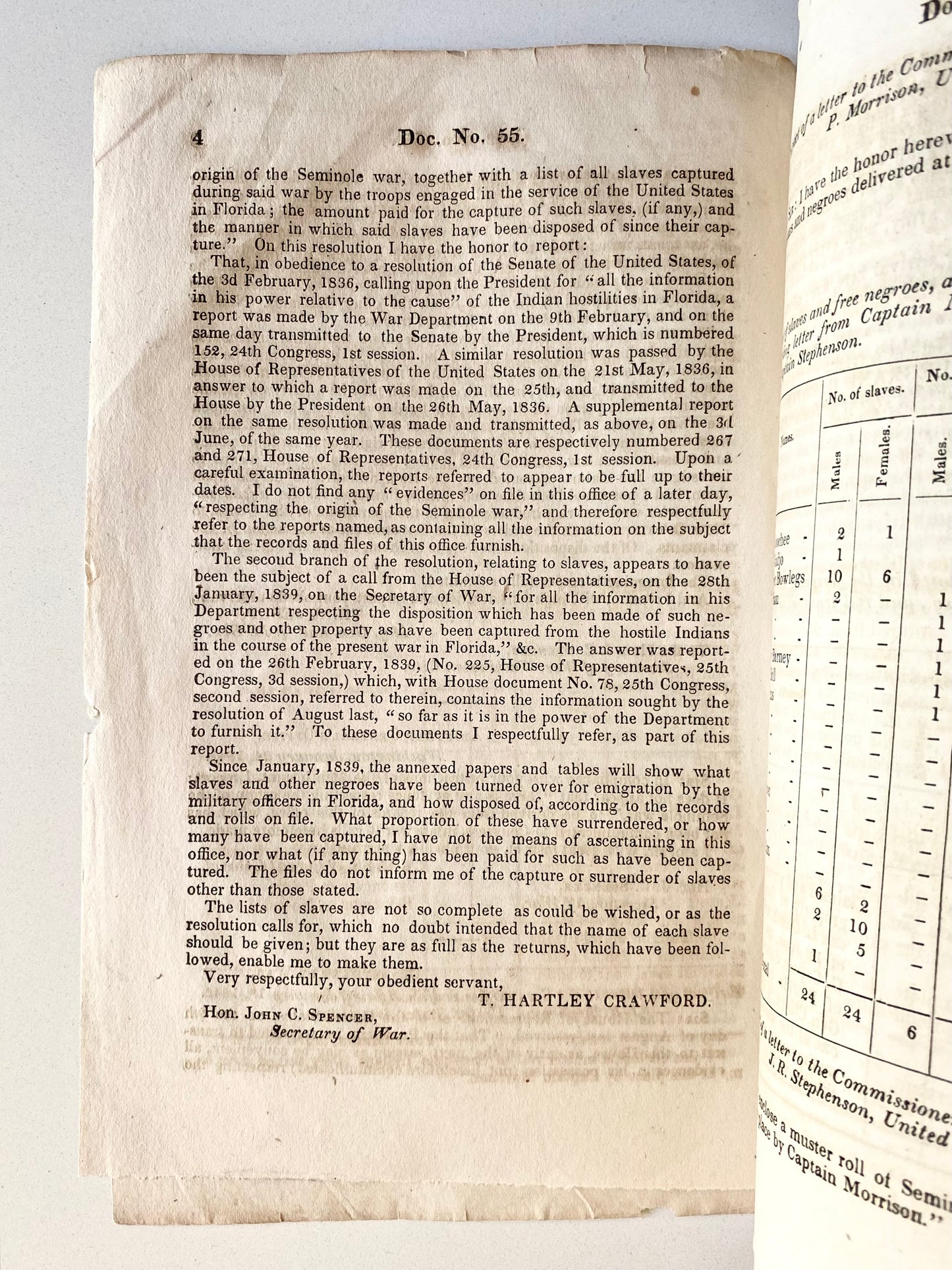 1842 SEMINOLE WAR & SLAVERY. Federal Report of Seminole War and "Re-Capture" of Slaves Held by the Seminole People.