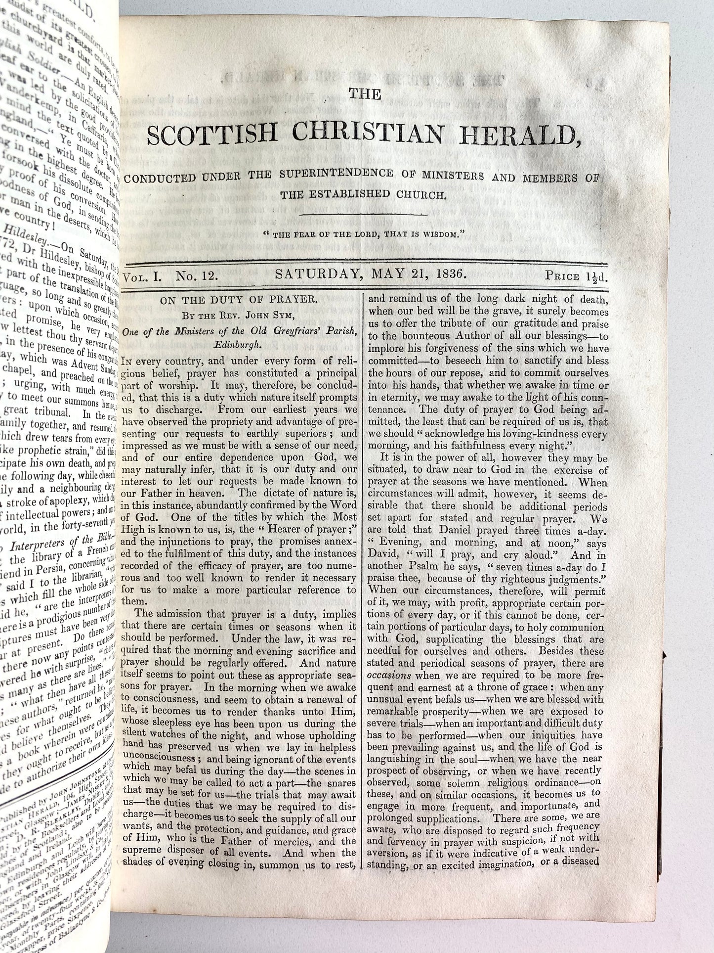 1836 SCOTTISH CHRISTIAN HERALD. Robert Murray M'Cheyne, Revivals, Lady Huntingdon & Great Awaking &c.