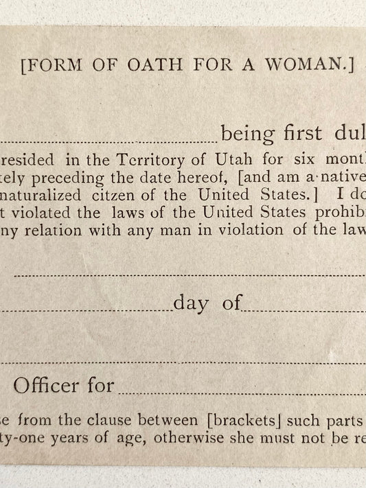 1880 MORMON - LATTER DAY SAINTS. Sworn Oath for Mormon Woman Against Polygamy.