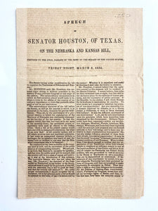 1854 SAM HOUSTON on Slavery. Important Speech by Texas Senator, Sam Houston on Nebraska & Kansas Bill.